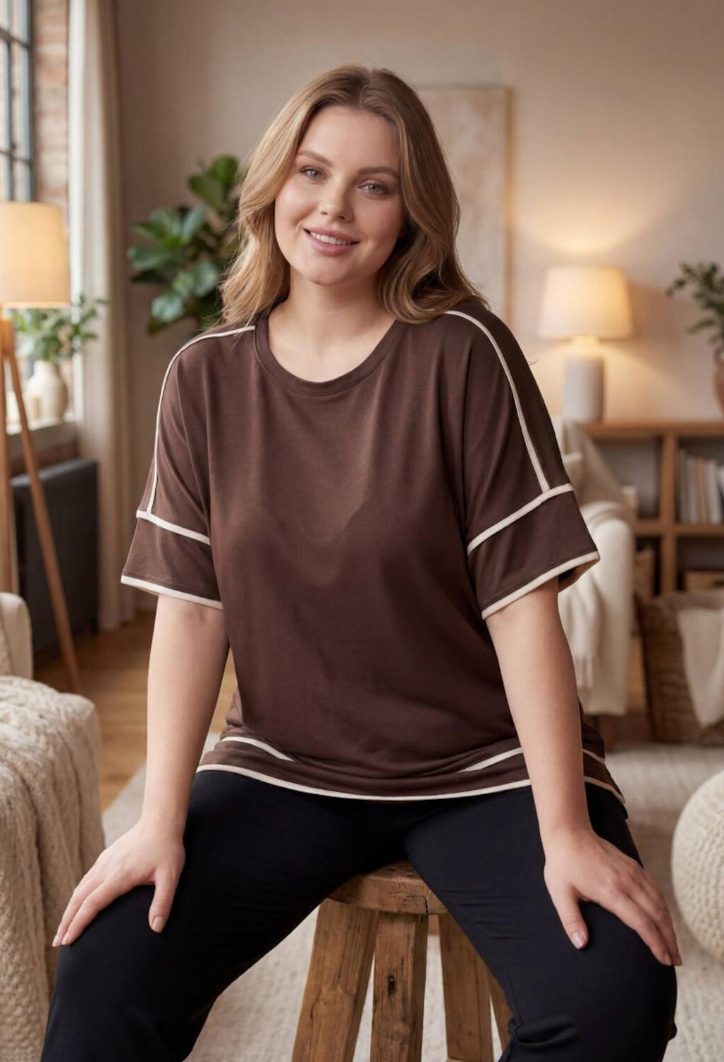 Plus - Size Brown Jersey Blouse With Band Detail