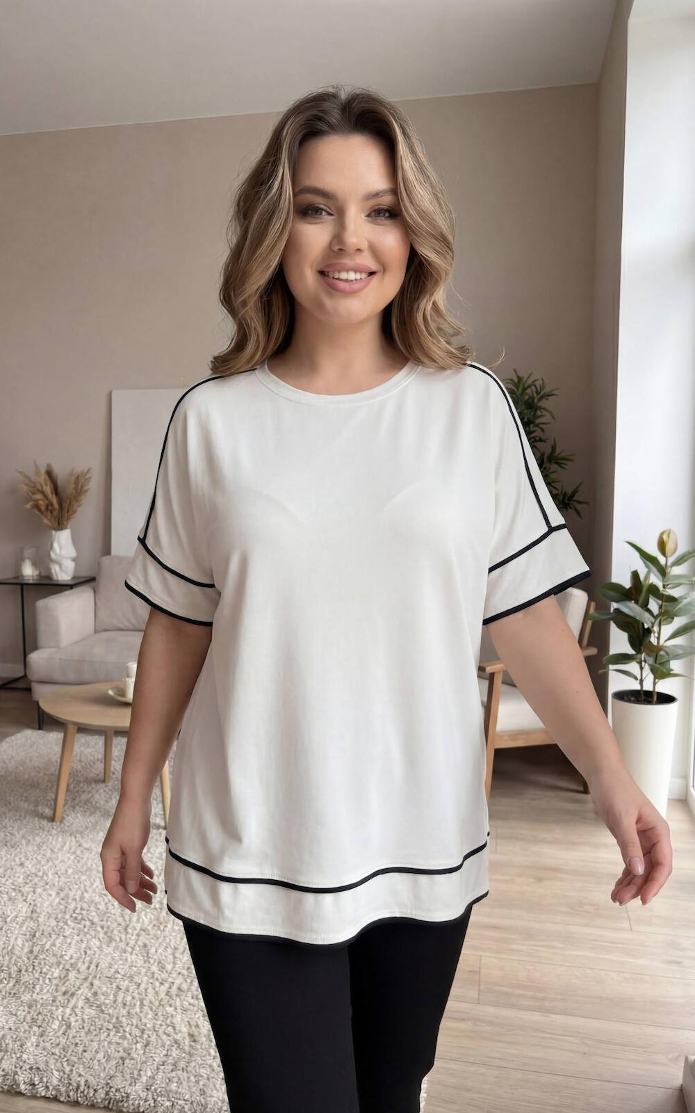 Plus - Size Jersey Top With Stripe Detail — Cream