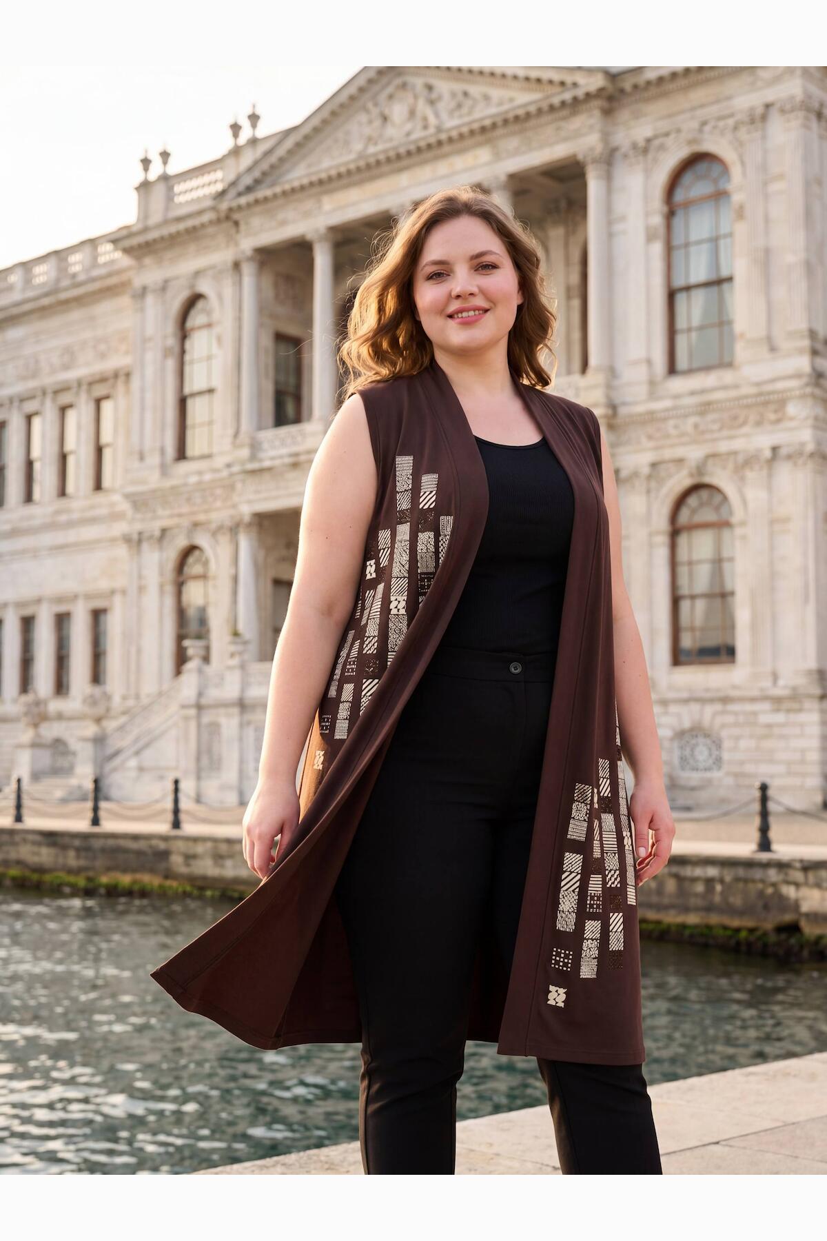 Plus - Size Patterned Crystal Fabric Vest — Brown