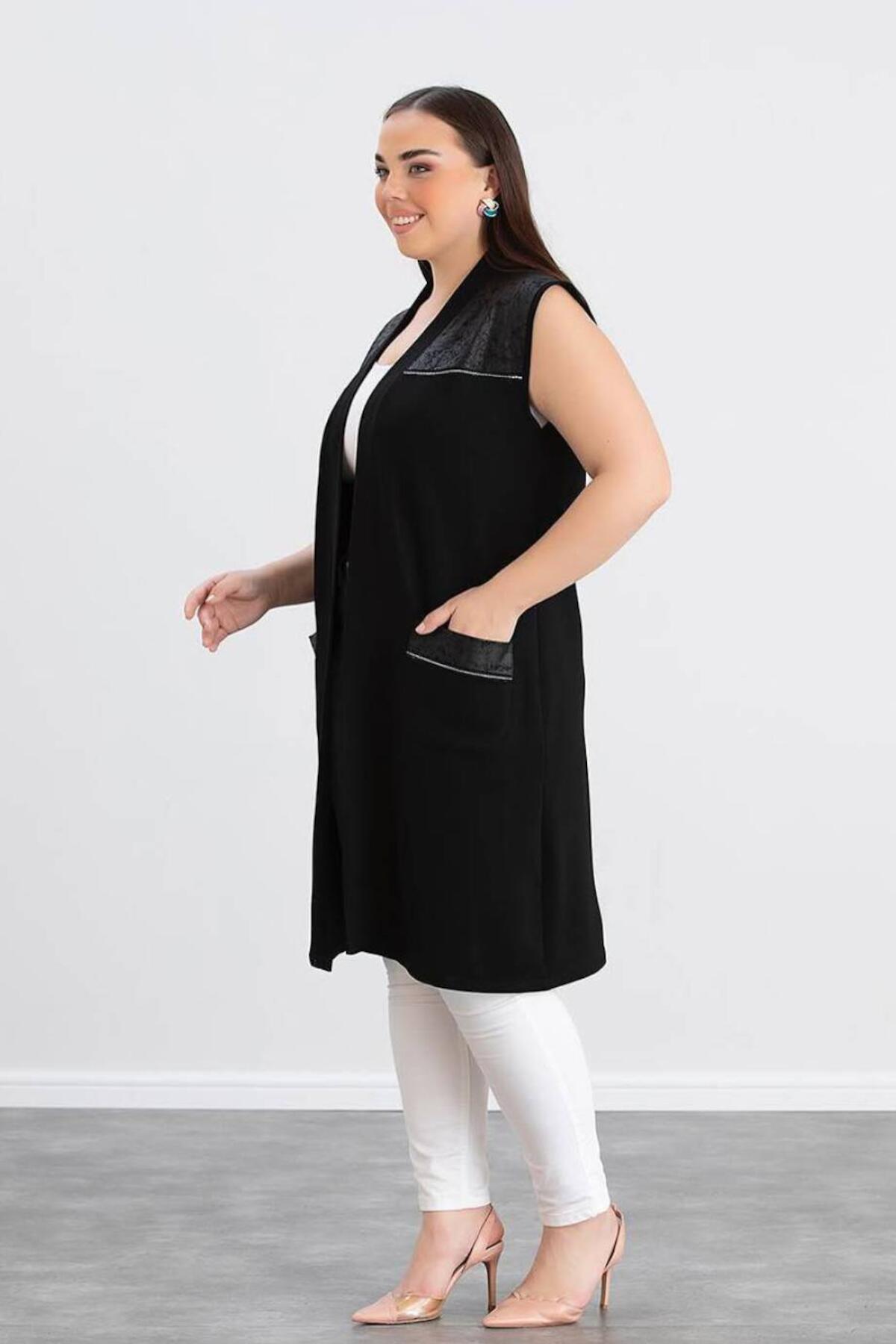 Plus - Size Long Vest With Pocket Detail — Black