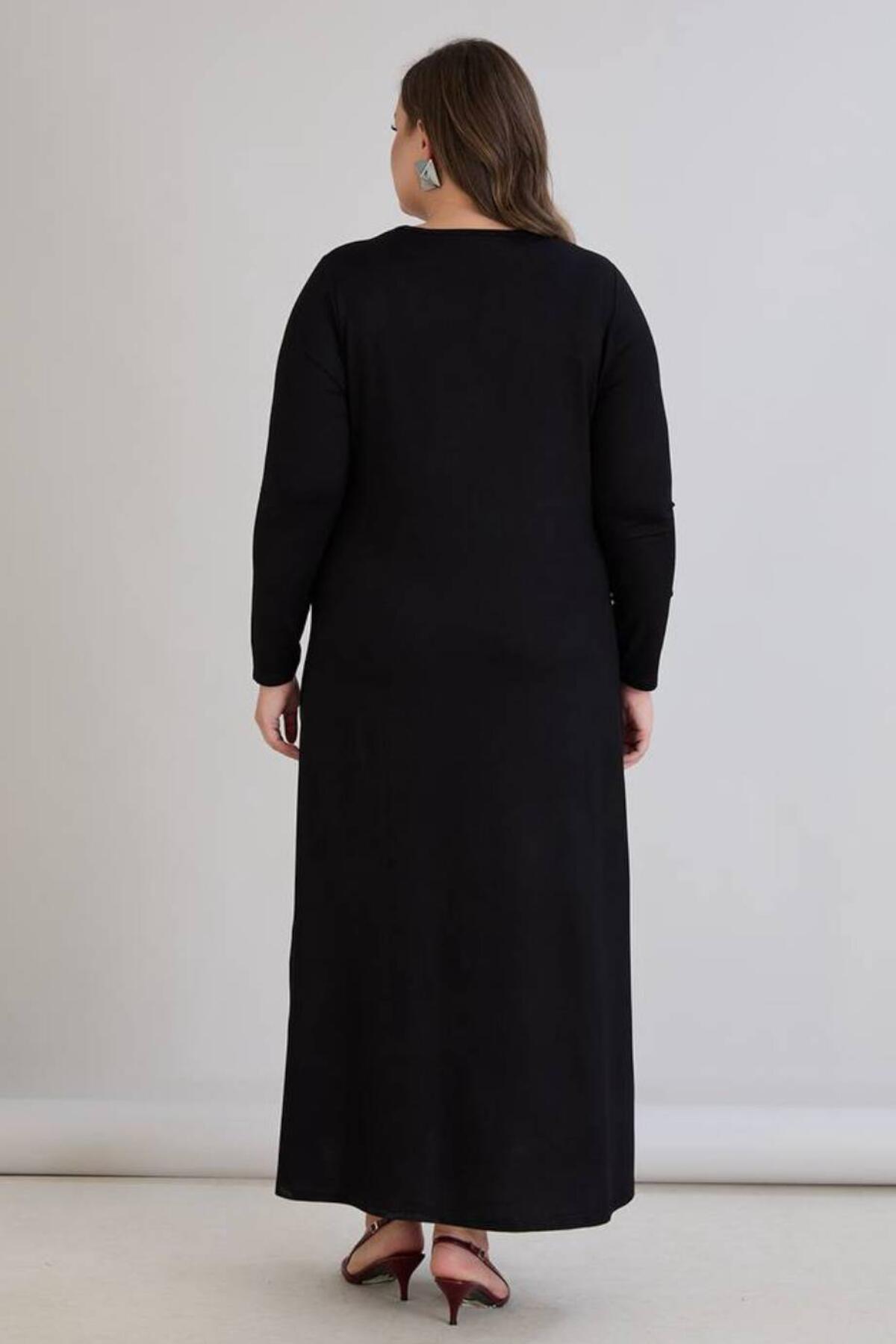 Plus - Size Zigzag Long Dress With Stone Details — Black