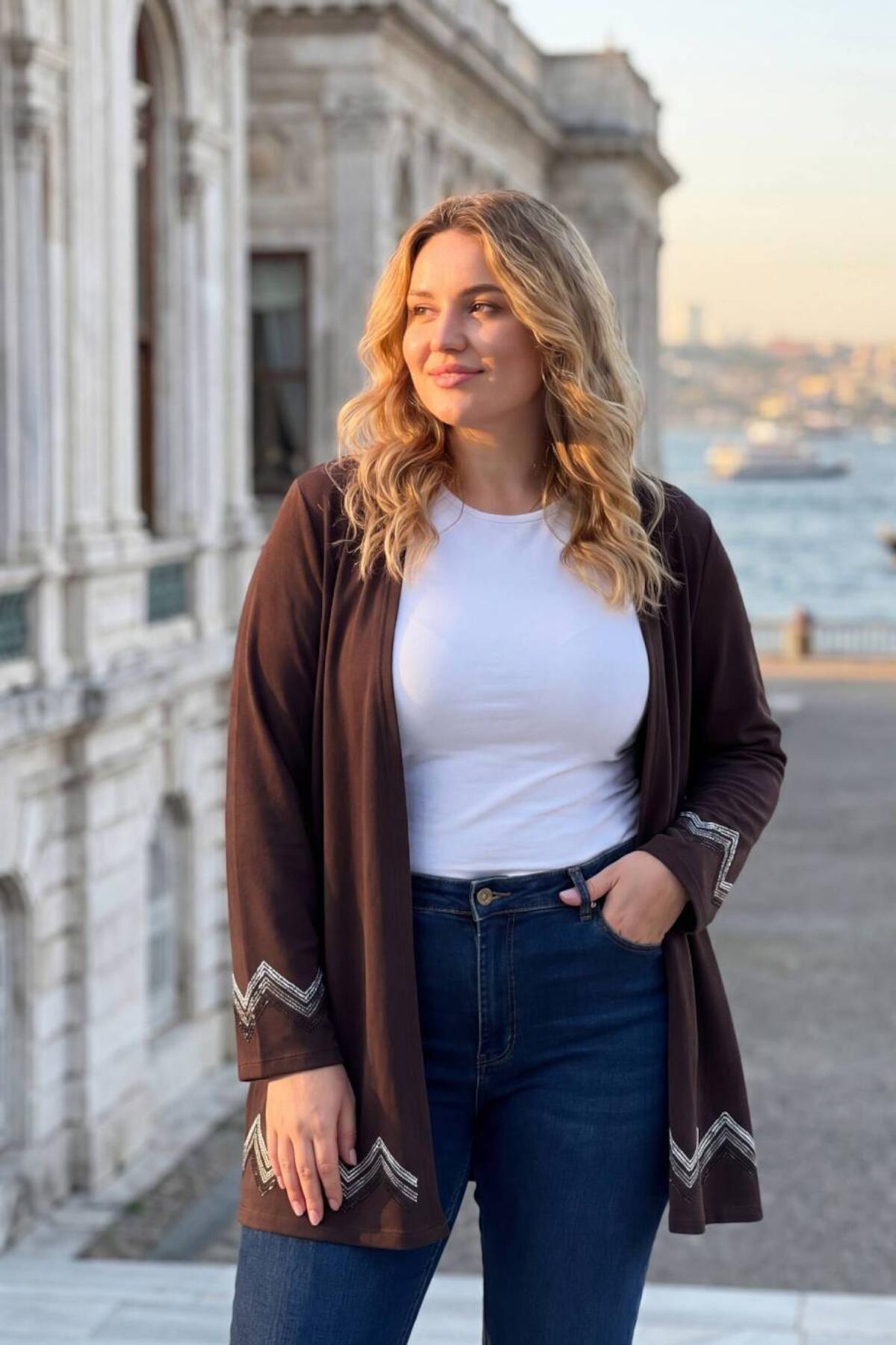 Plus‑Size Long Crystal‑Embellished Cardigan — Brown