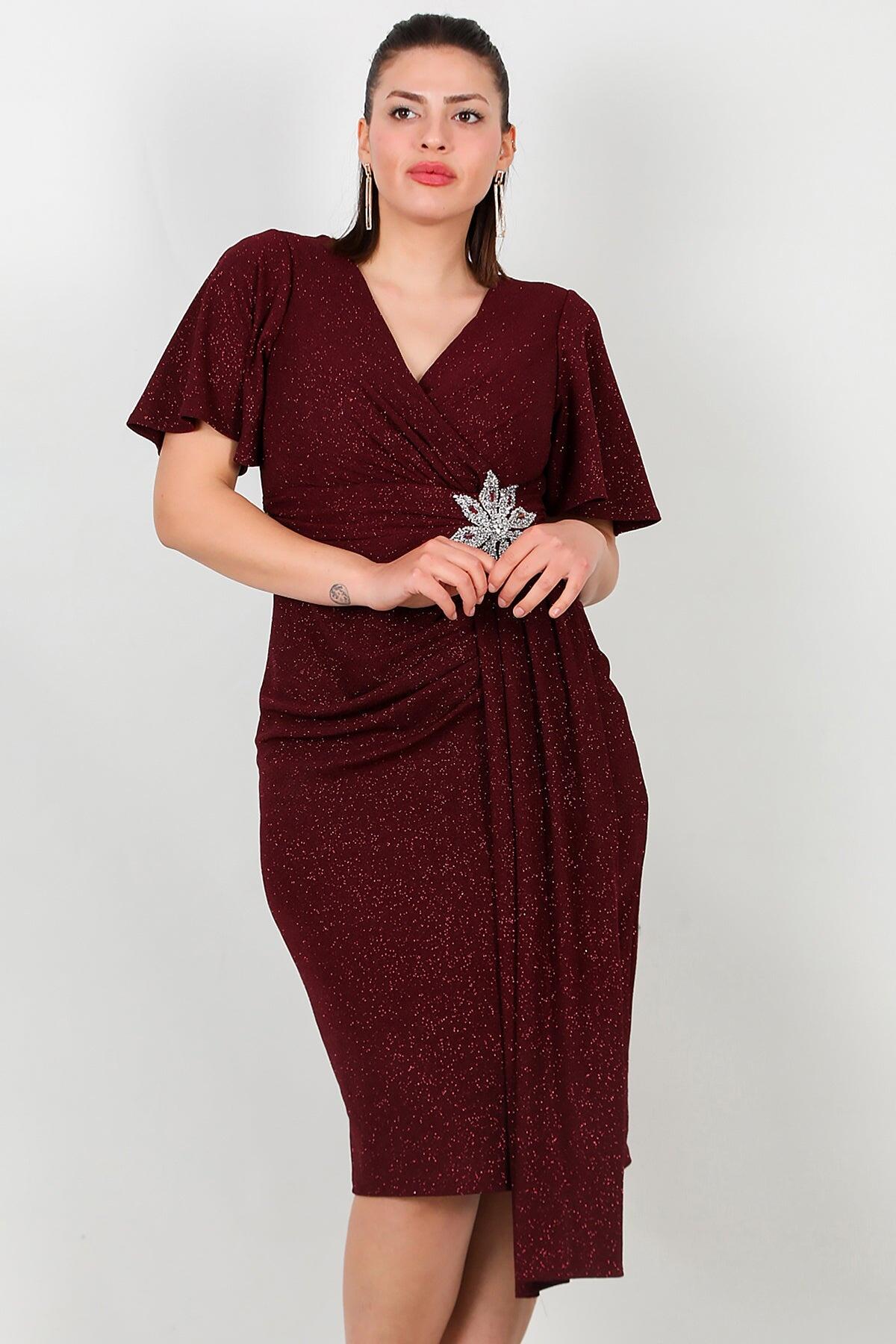 Plus - Size Midi Dress With Floral Stone Waist — Burgundy