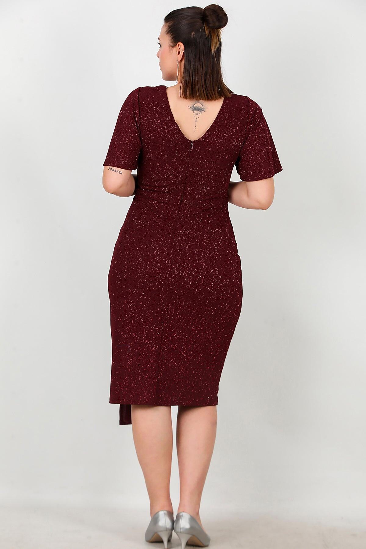 Plus - Size Midi Dress With Floral Stone Waist — Burgundy
