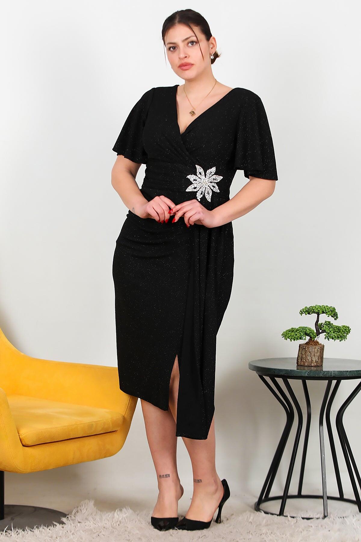Plus - Size Midi Dress With Floral Stone Waist — Black