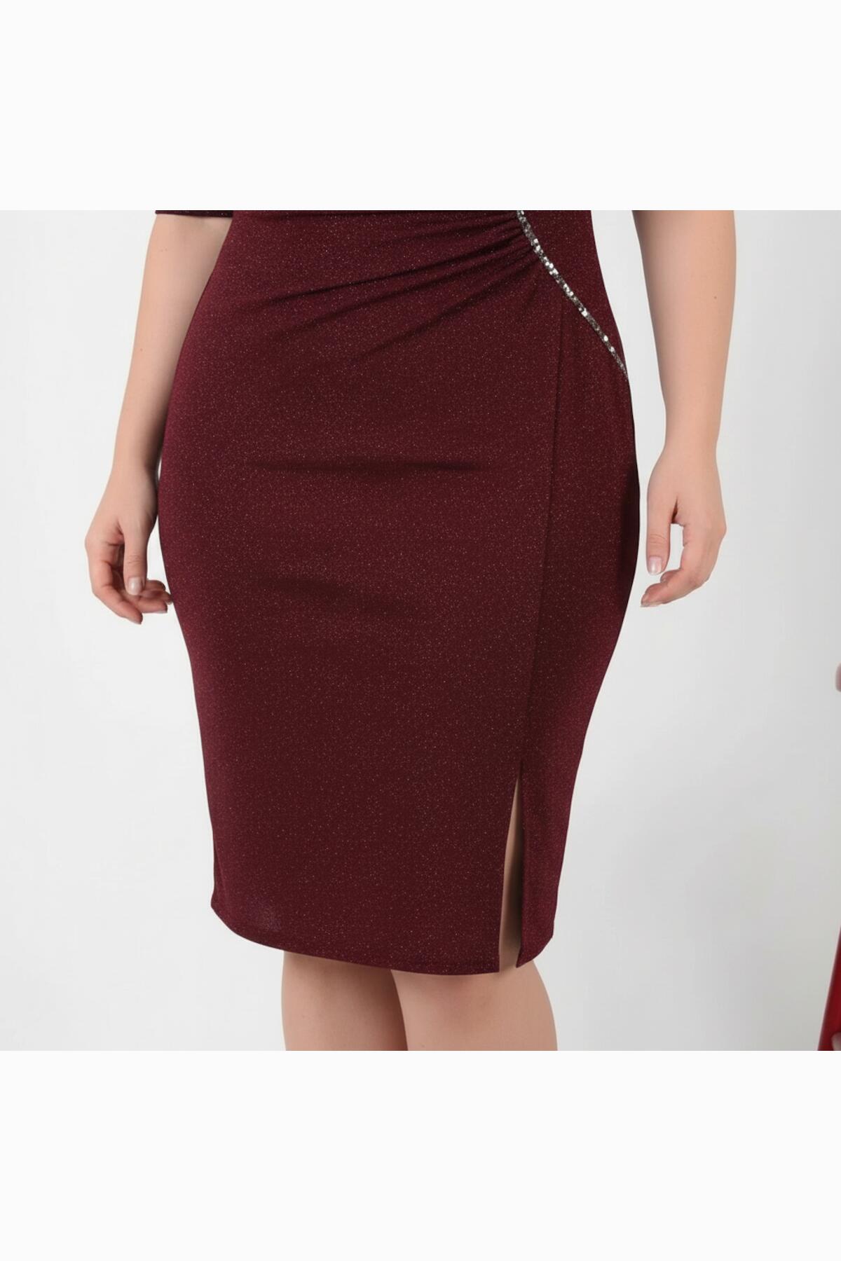 Burgundy Plus - Size Midi Dress With Waist Detail