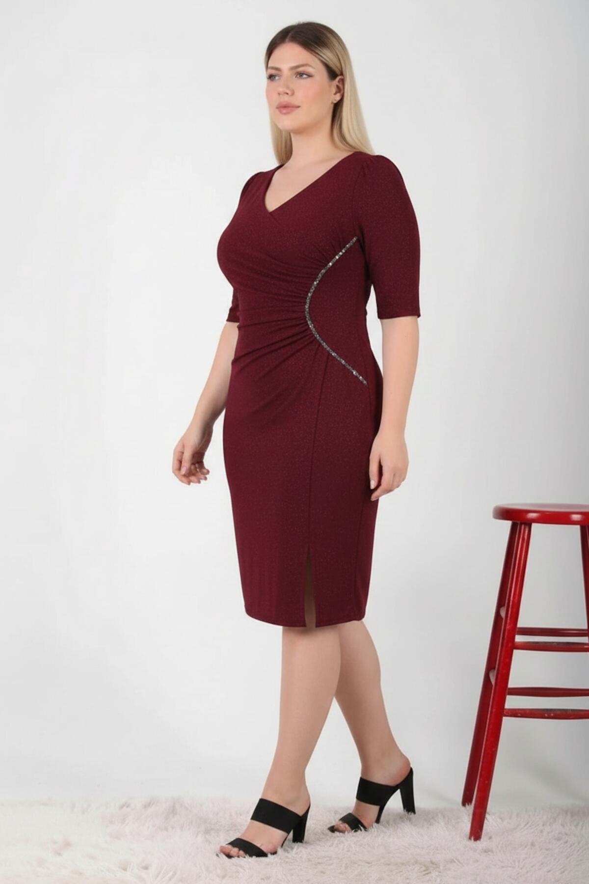 Burgundy Plus - Size Midi Dress With Waist Detail