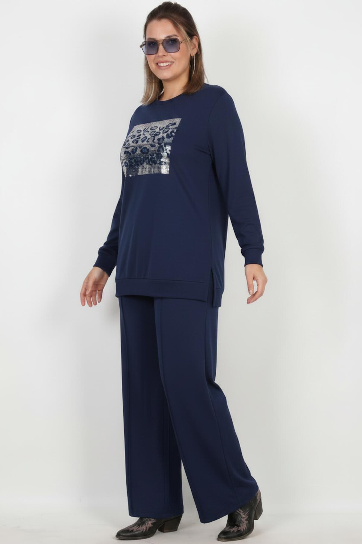 Plus - Size Stone - Embellished Long - Sleeve Set — Navy
