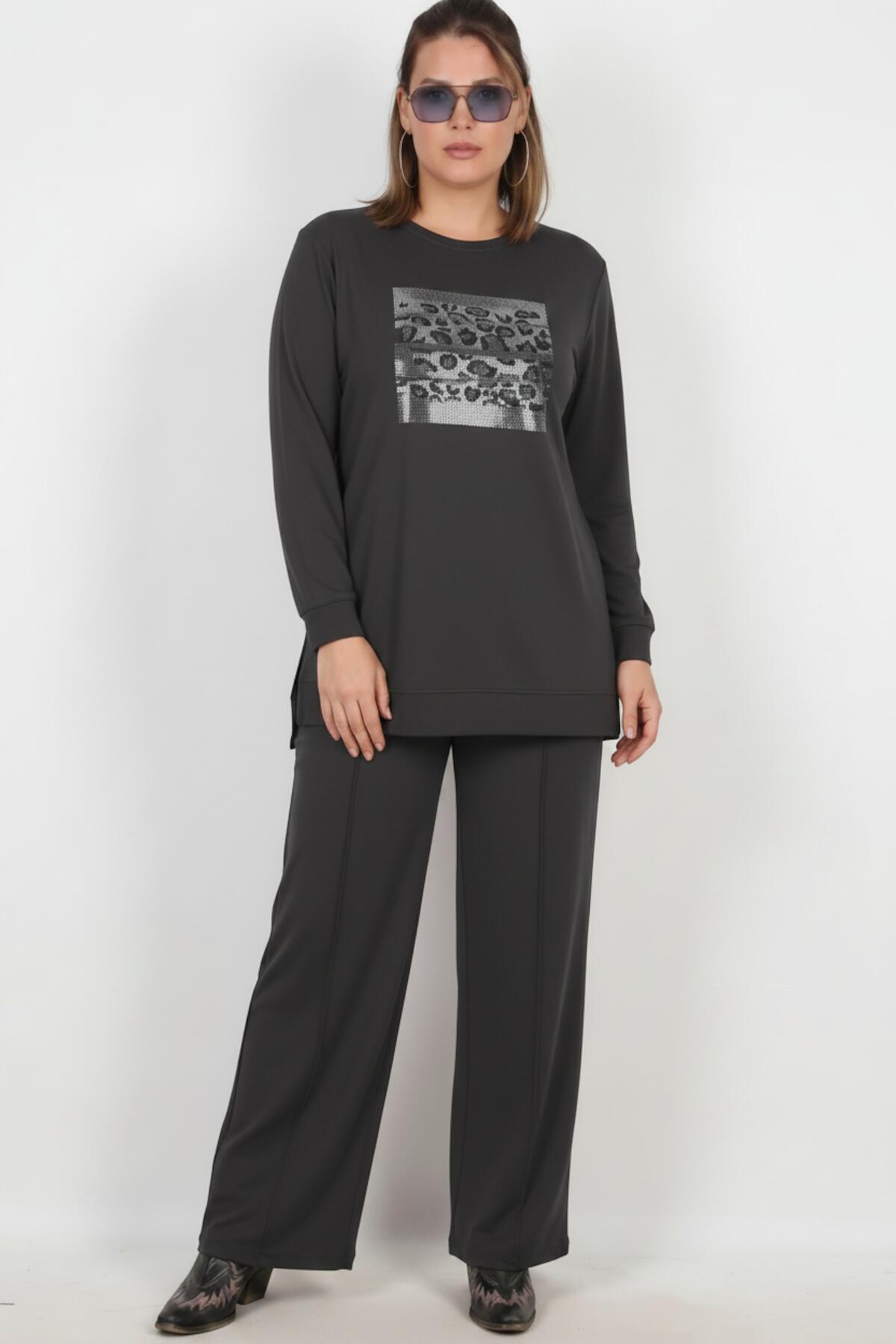Plus - Size Stone - Embellished Long - Sleeve Set — Charcoal