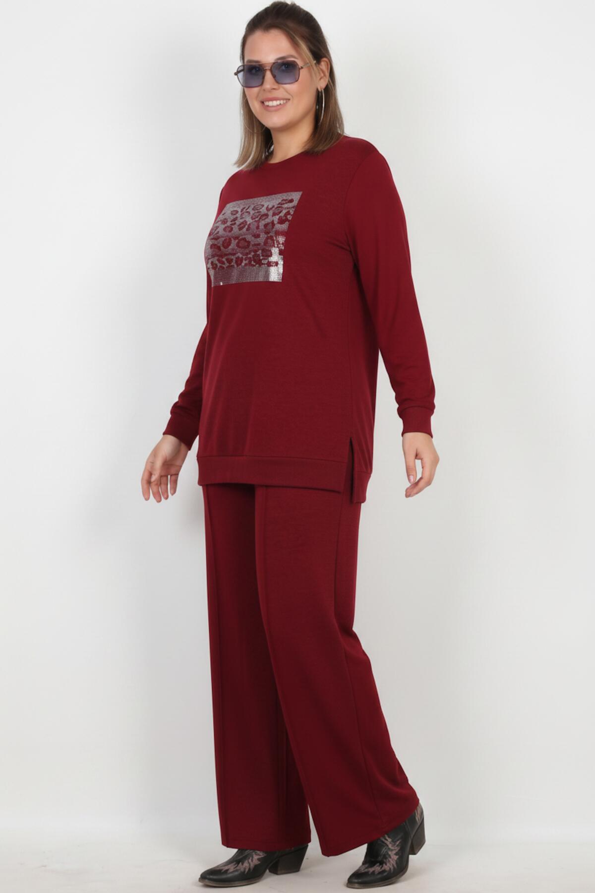 Plus - Size Long - Sleeve Set With Stone Detail — Burgundy