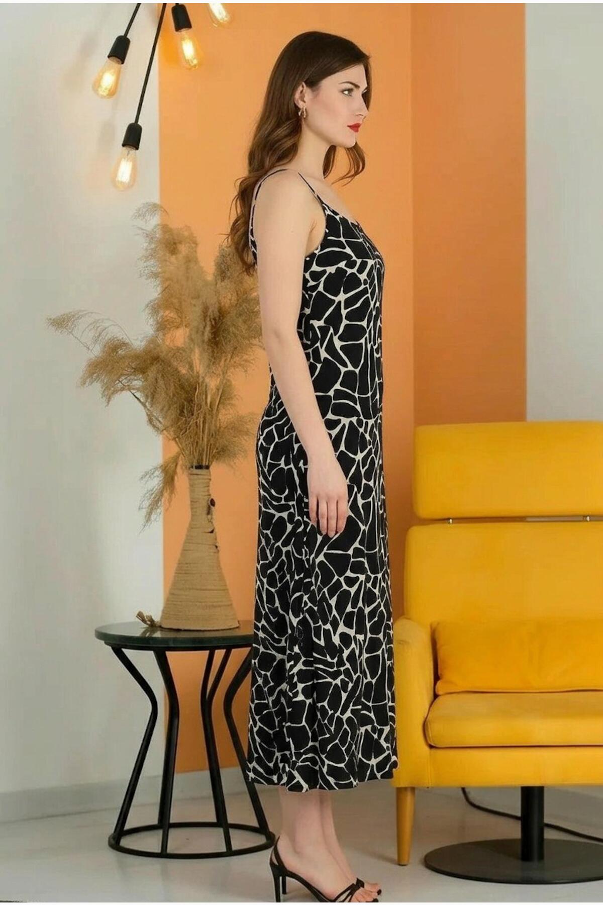 Patterned Adjustable Spaghetti - Strap Dress, Black