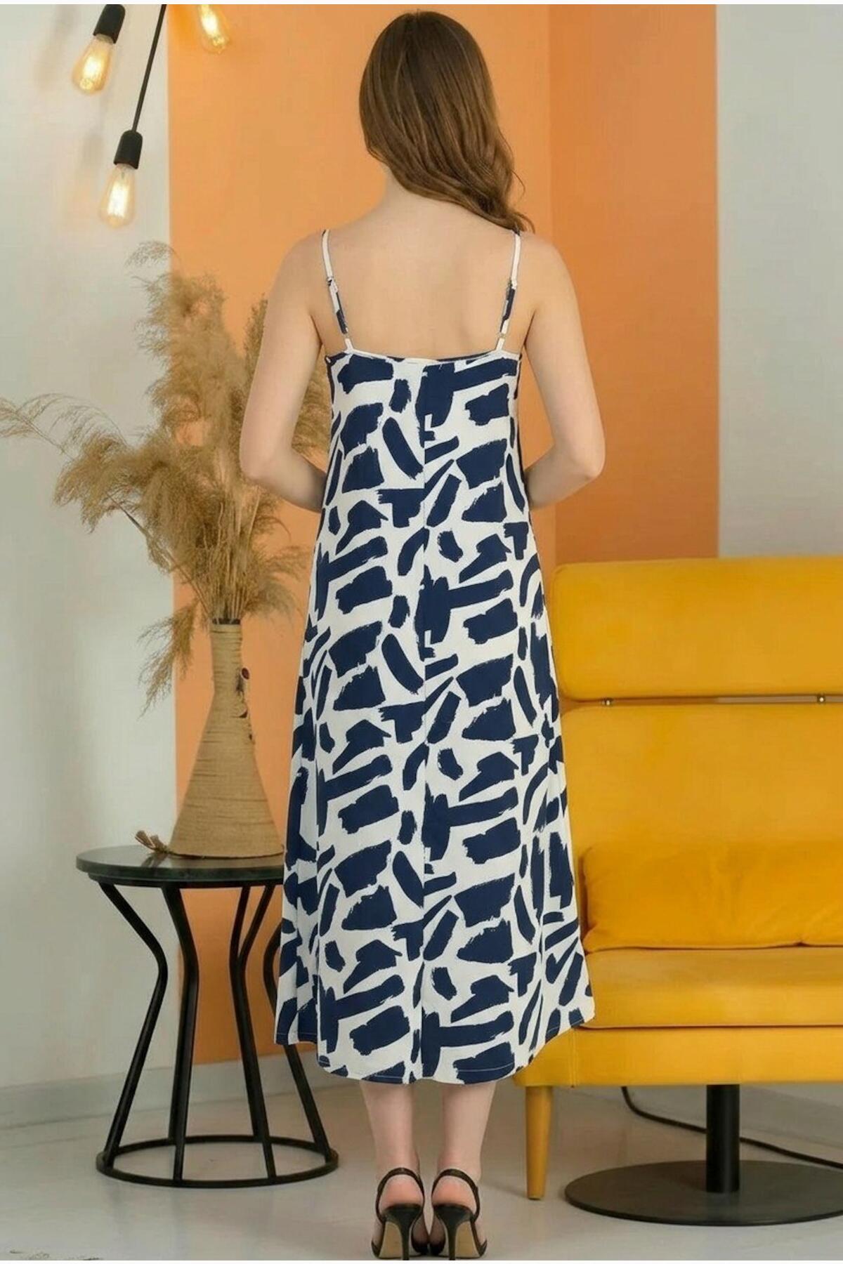 Patterned Adjustable Spaghetti - Strap Dress, Indigo