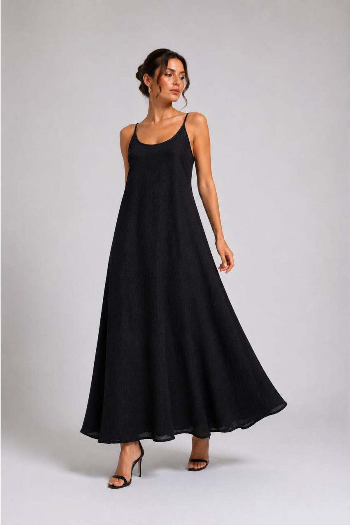 Licardi Linen Tie - Strap Maxi Dress — Black