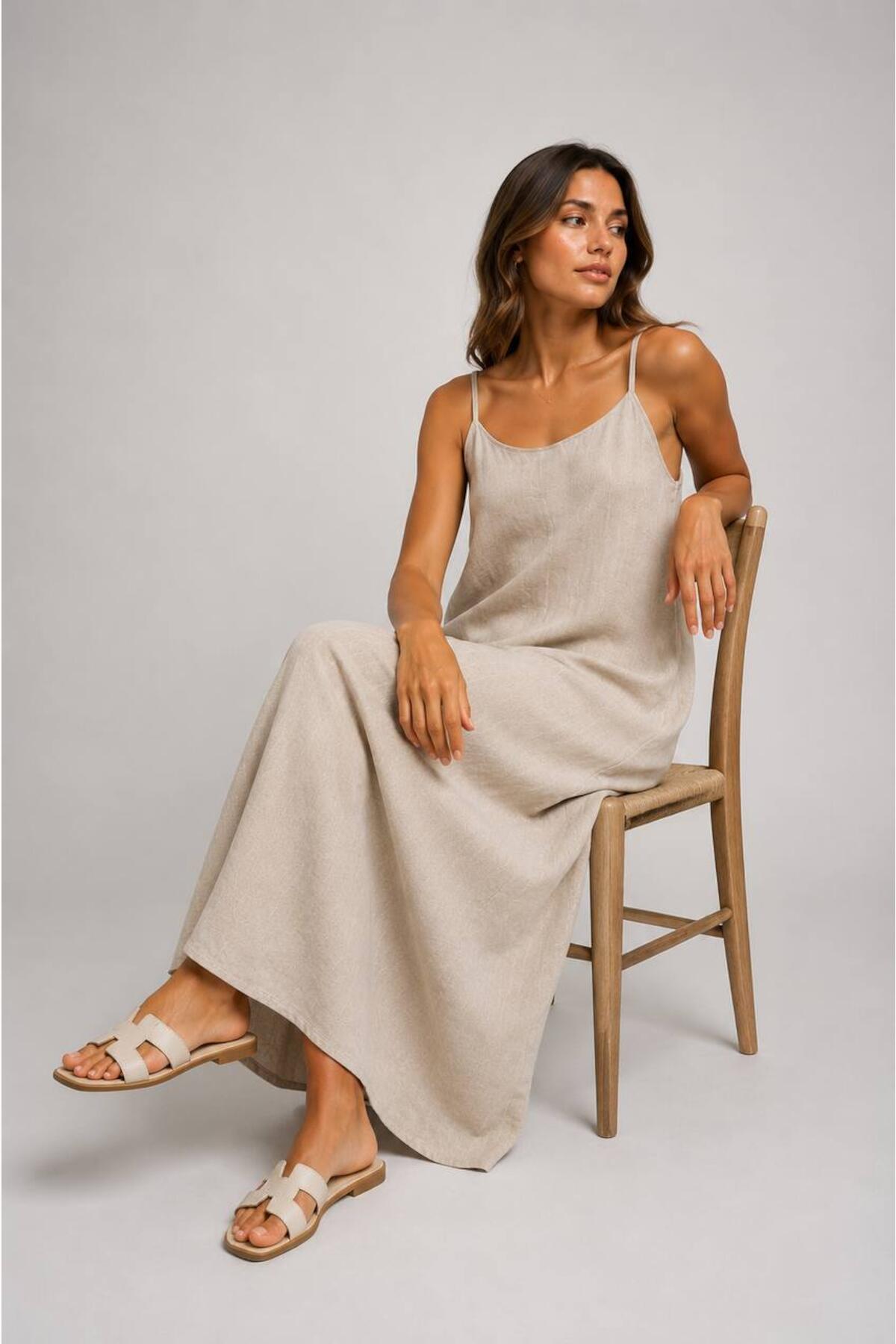 Linen Dress With Thin Adjustable Straps — Nude