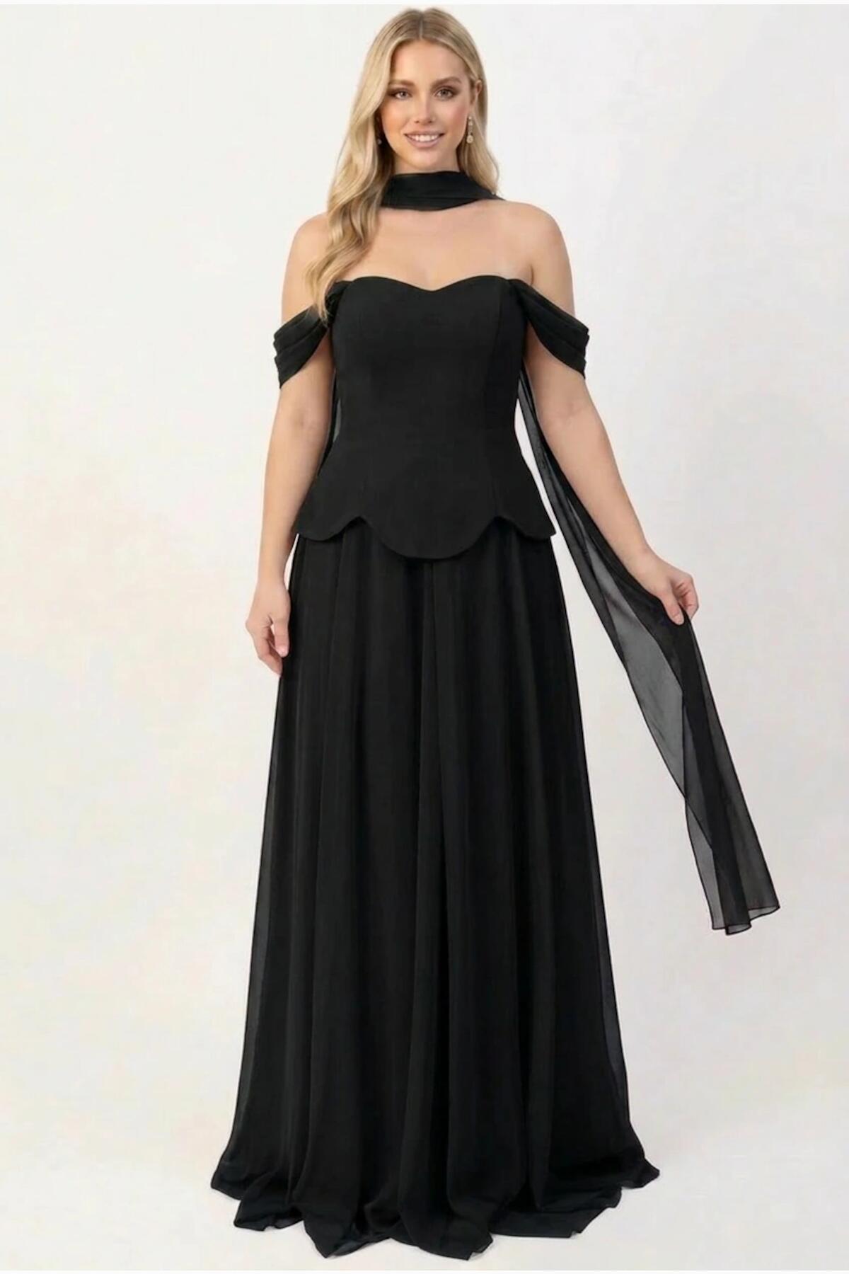 Crepe Evening Dress With Tulle Skirt And Shawl — Black