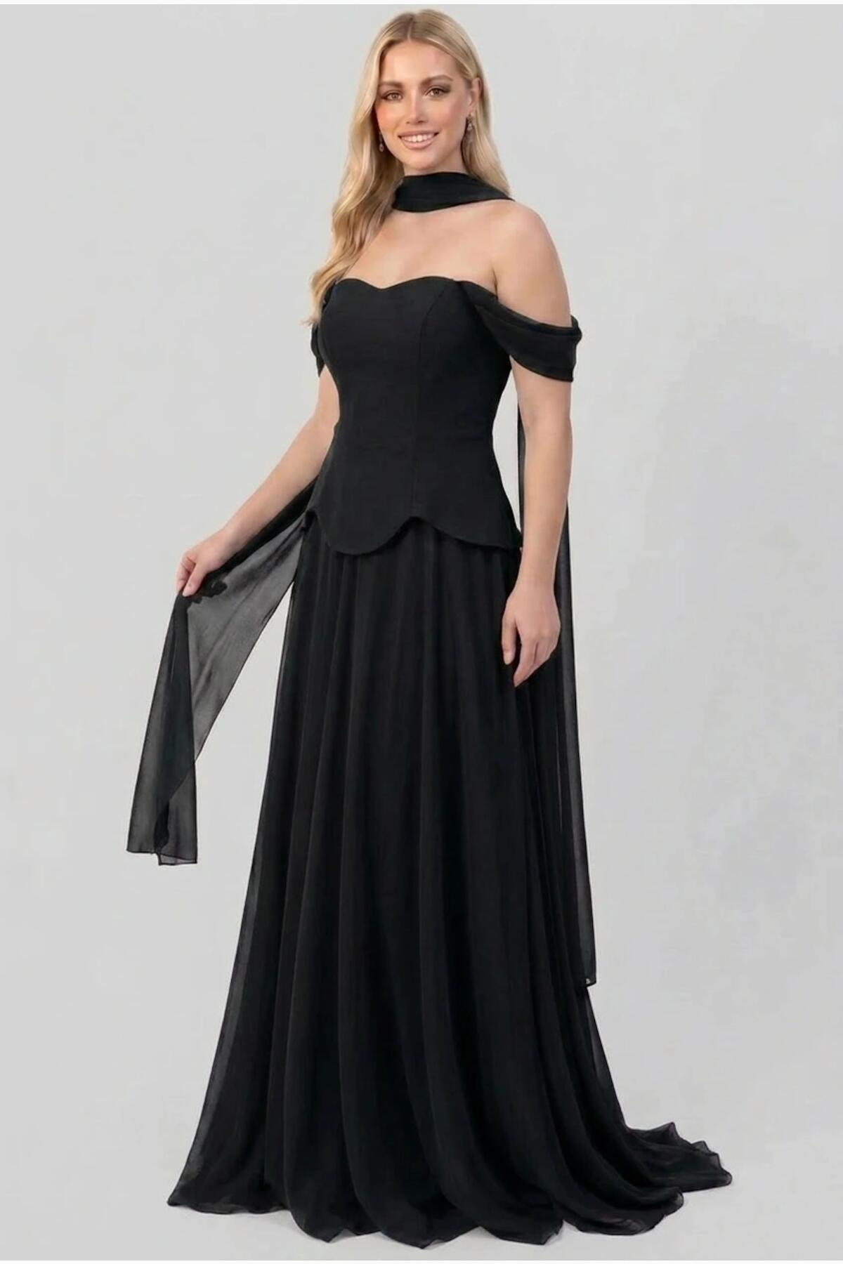 Crepe Evening Dress With Tulle Skirt And Shawl — Black