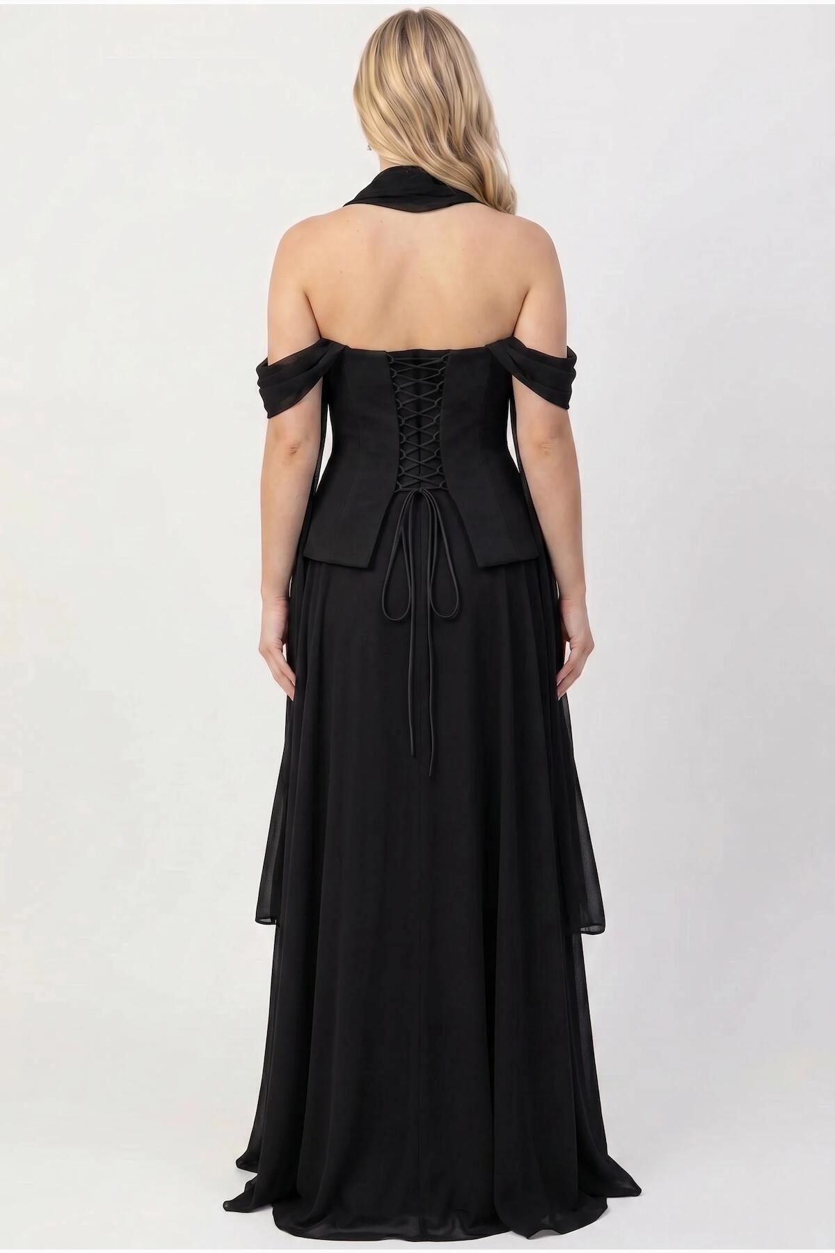 Crepe Evening Dress With Tulle Skirt And Shawl — Black