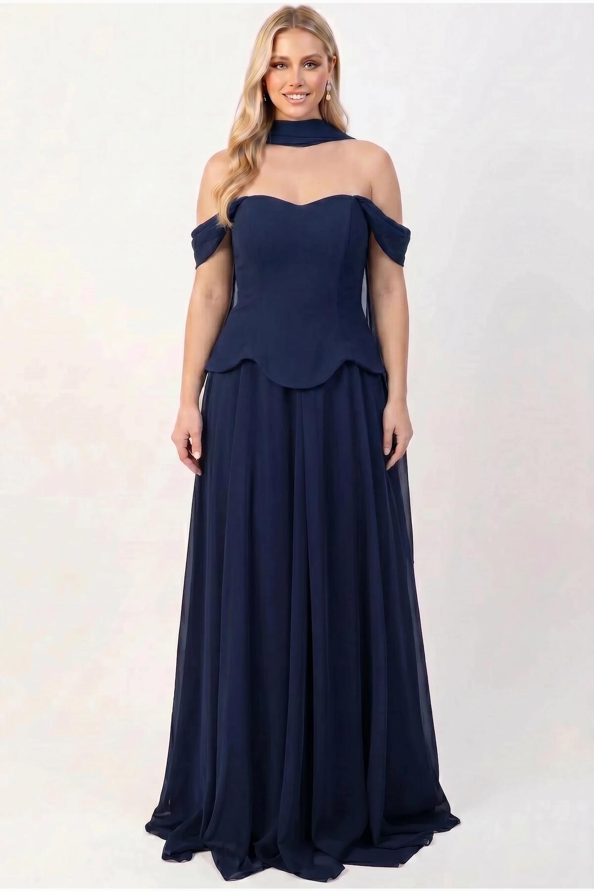 Crepe Evening Dress With Tulle Skirt And Shawl — Navy