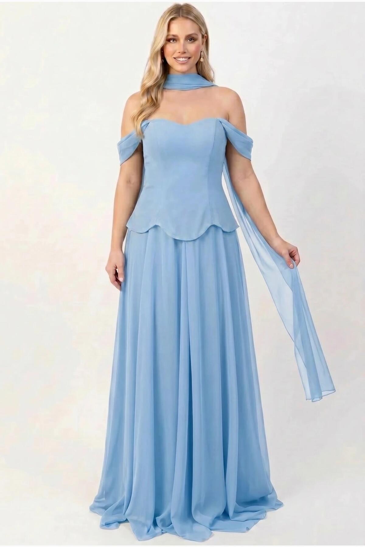 Crepe Evening Dress With Tulle Skirt And Shawl — Blue