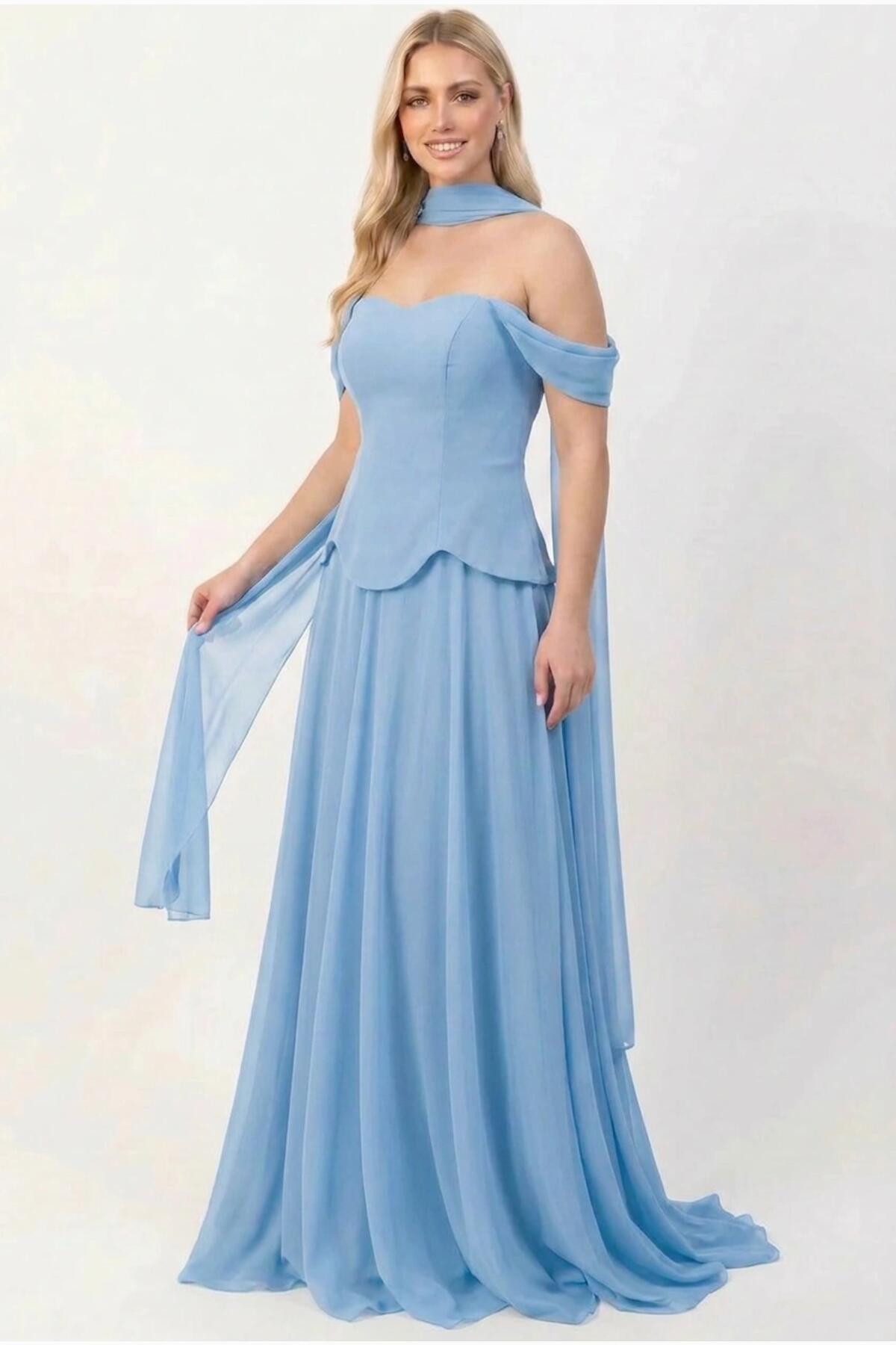 Crepe Evening Dress With Tulle Skirt And Shawl — Blue