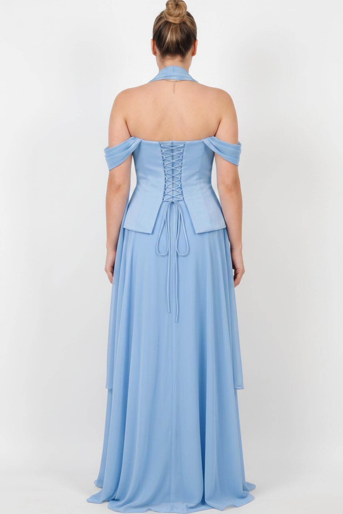 Plus - Size Crepe Evening Dress With Tulle Skirt And Shawl — Blue