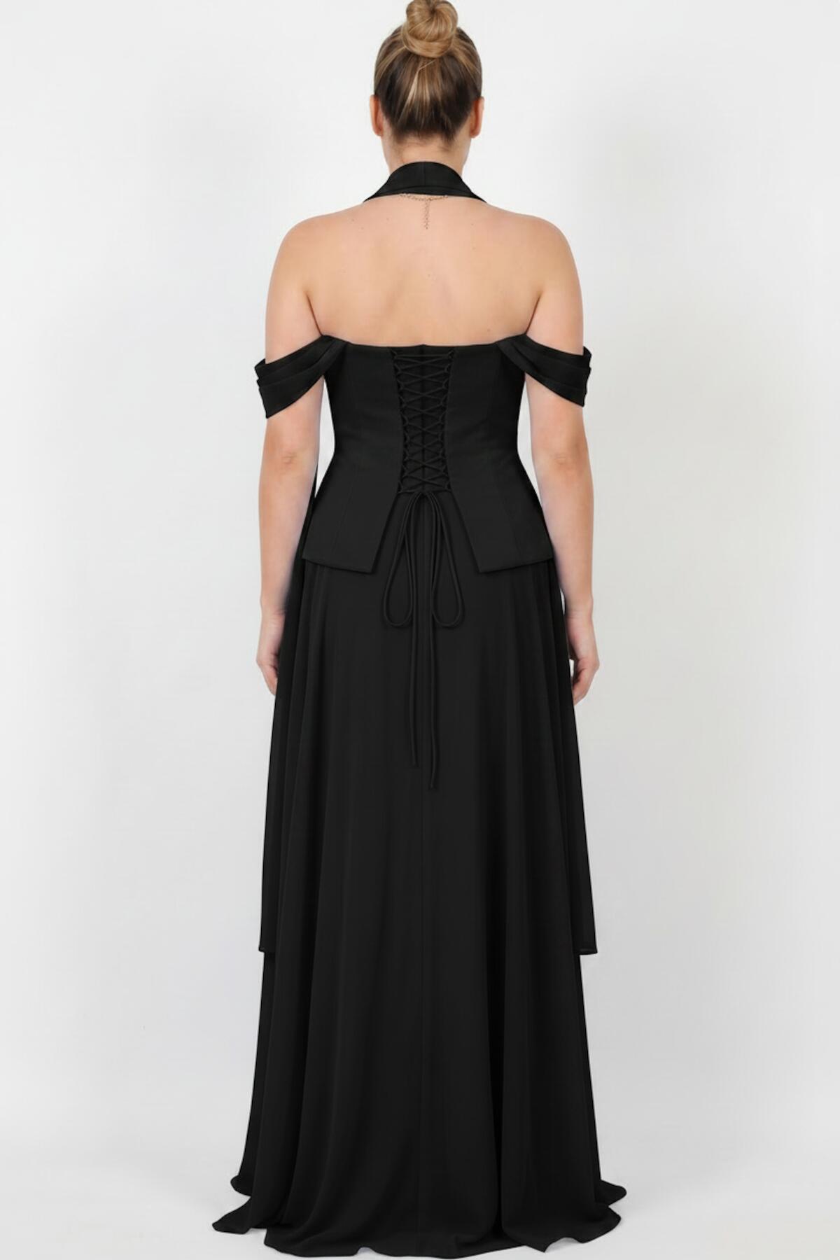 Plus - Size Crepe Evening Dress With Tulle Skirt And Shawl — Black