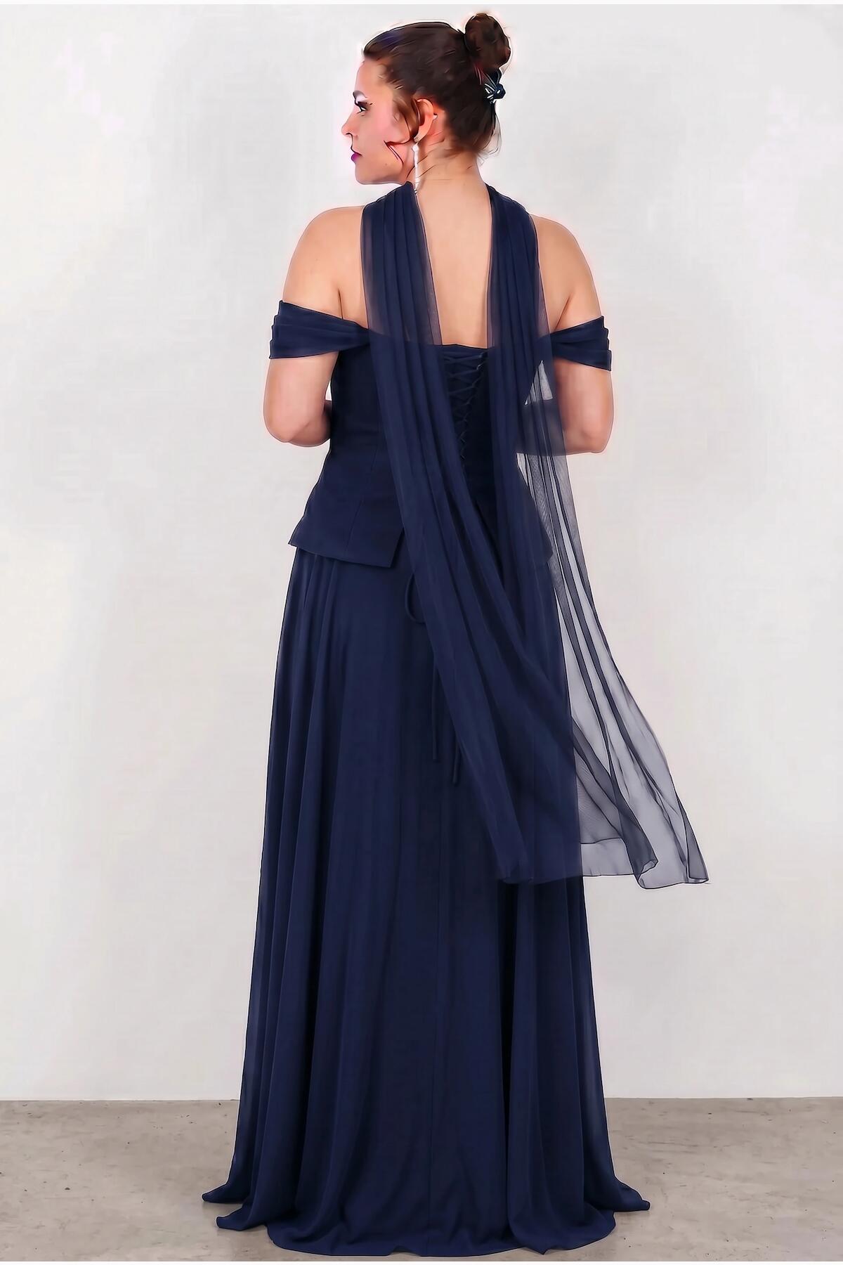 Plus‑Size Crepe Evening Dress With Tulle Skirt & Stone Embellishment — Navy