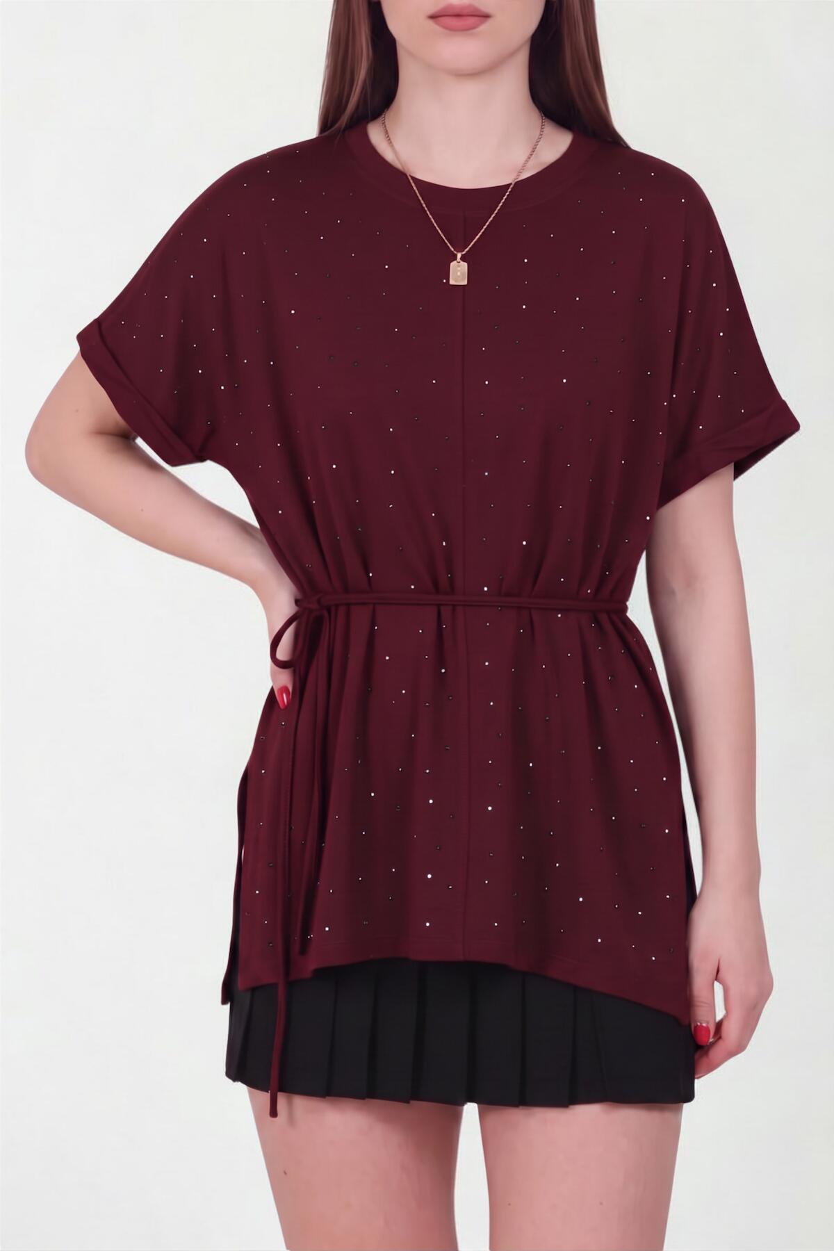 Oysho Stone - Embellished Short - Sleeve Blouse — Plum