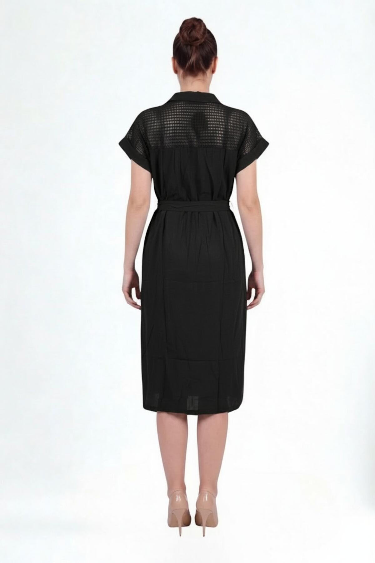 Plus - Size Black Button - Through Dress With Mesh Shoulder Detail