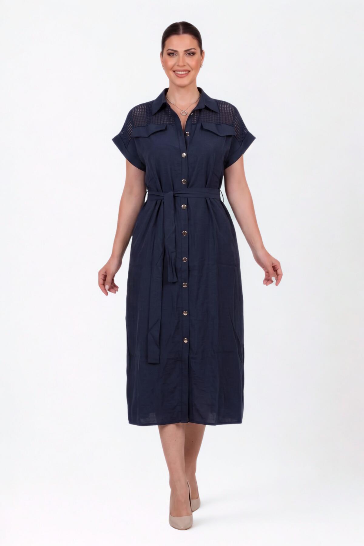 Plus - Size Navy Button - Through Dress With Mesh Shoulder Detail