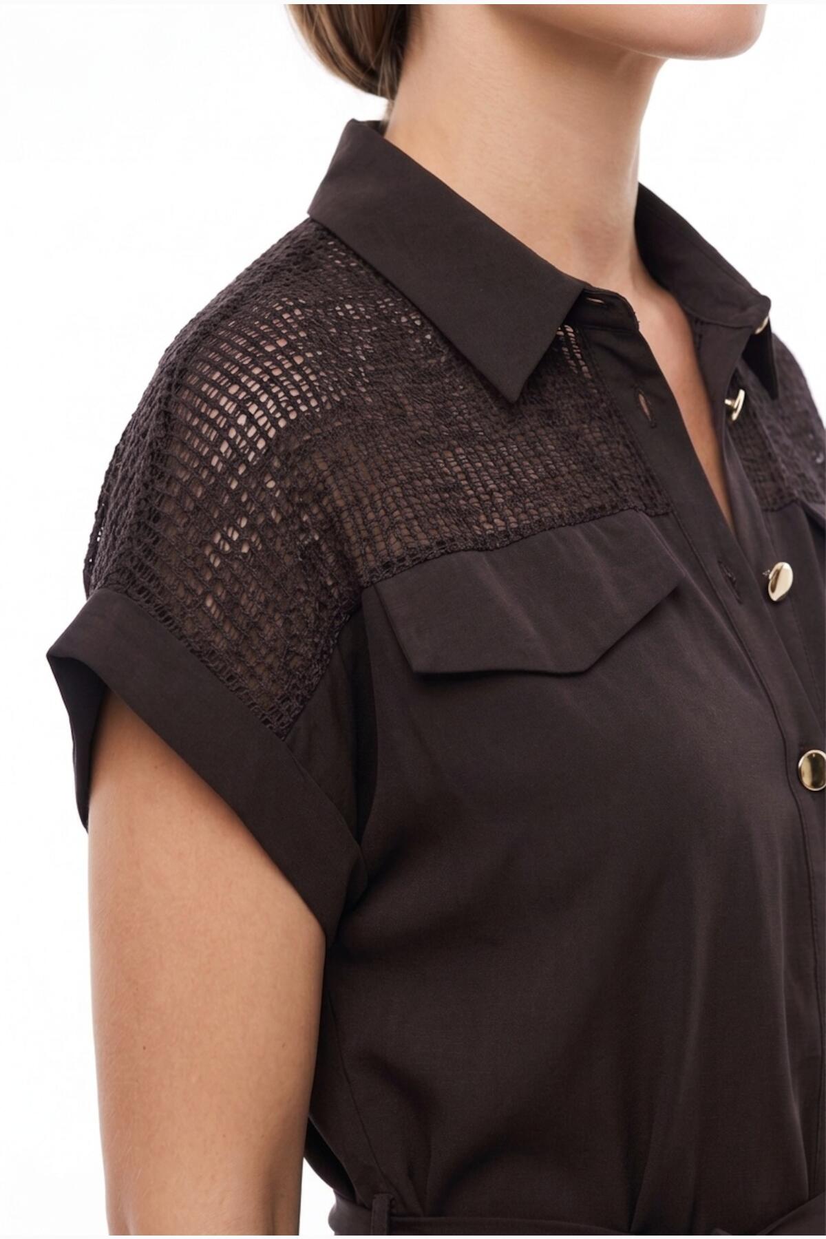 Plus‑Size Button‑Through Dress With Mesh Shoulders — Brown