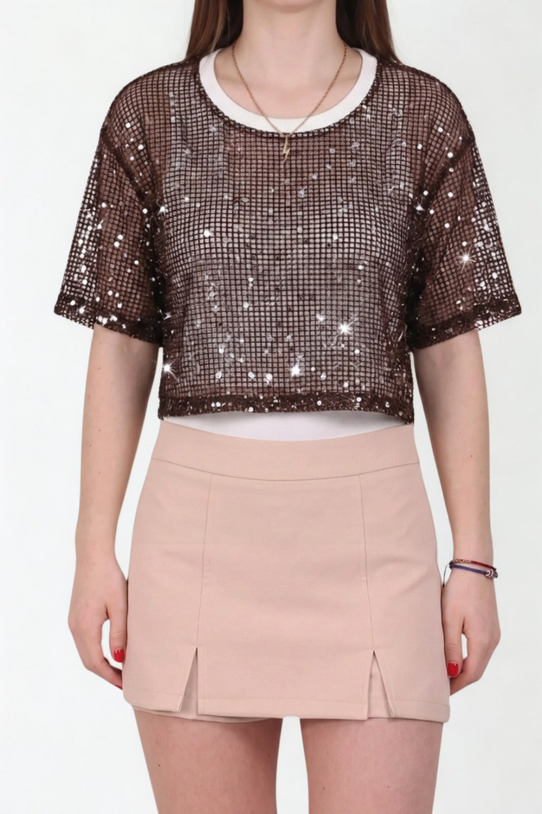 Brown Sequin Mesh Layered Crop Top
