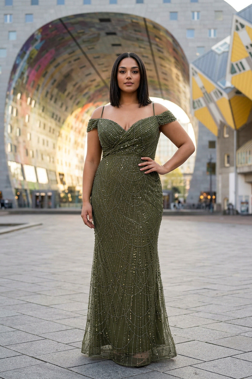 Plus - Size Off - Shoulder Beaded Evening Dress — Khaki