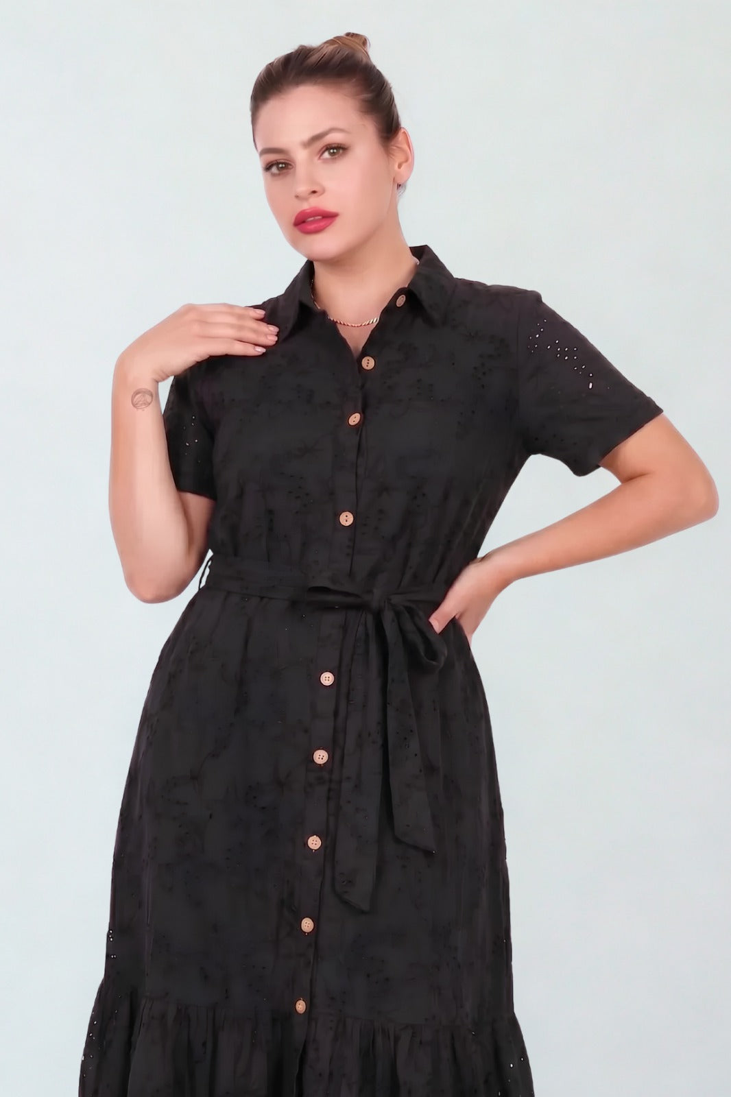 Plus - Size Button - Front Short - Sleeve Dress With Shirt Collar, Black