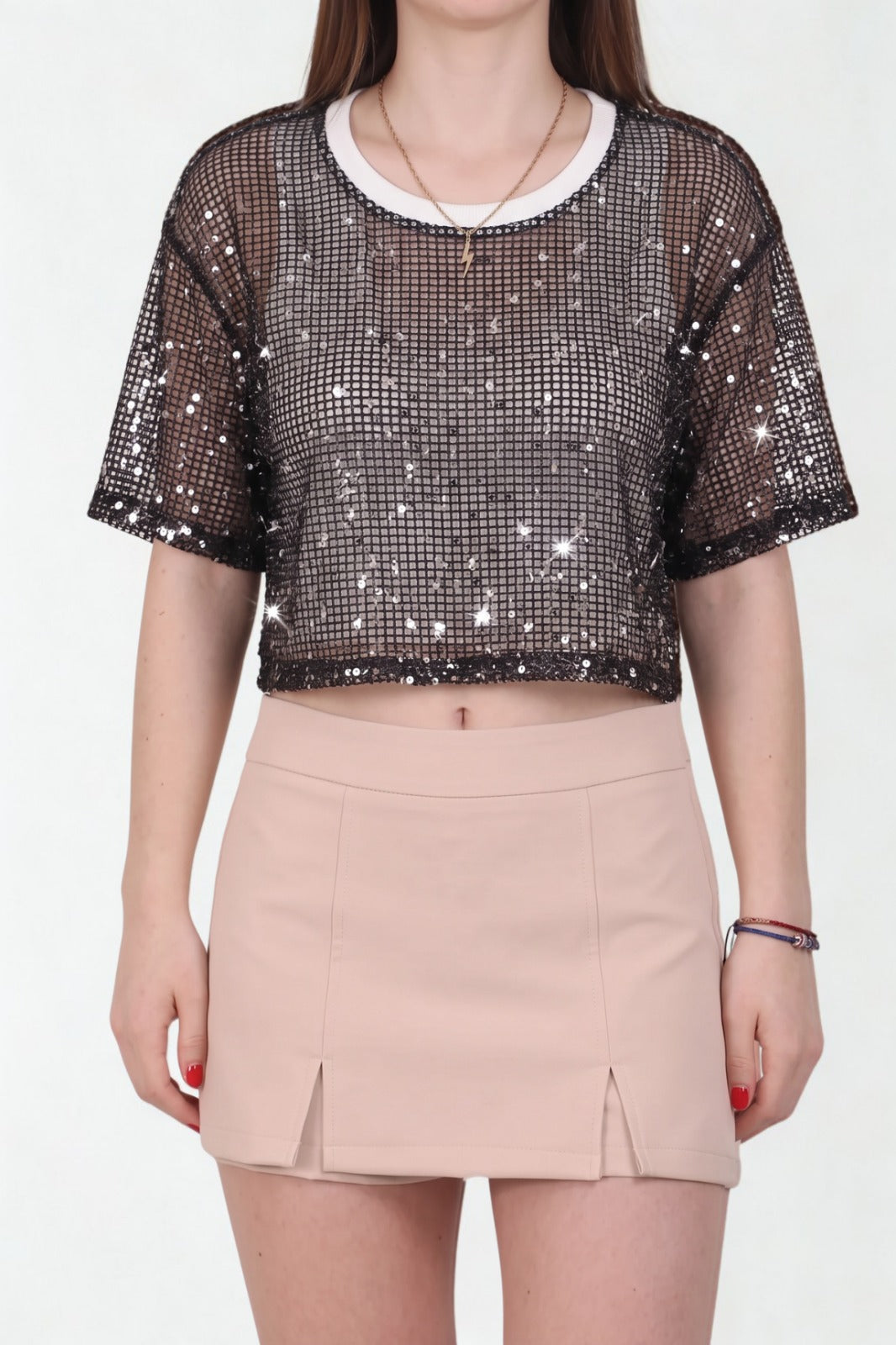Black Sequined Mesh Double - Layer Top