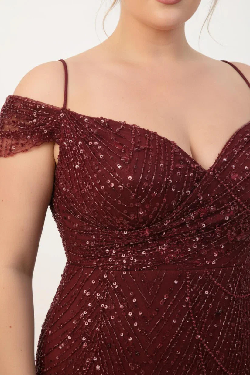 Plus - Size Off - Shoulder Beaded Evening Dress — Burgundy