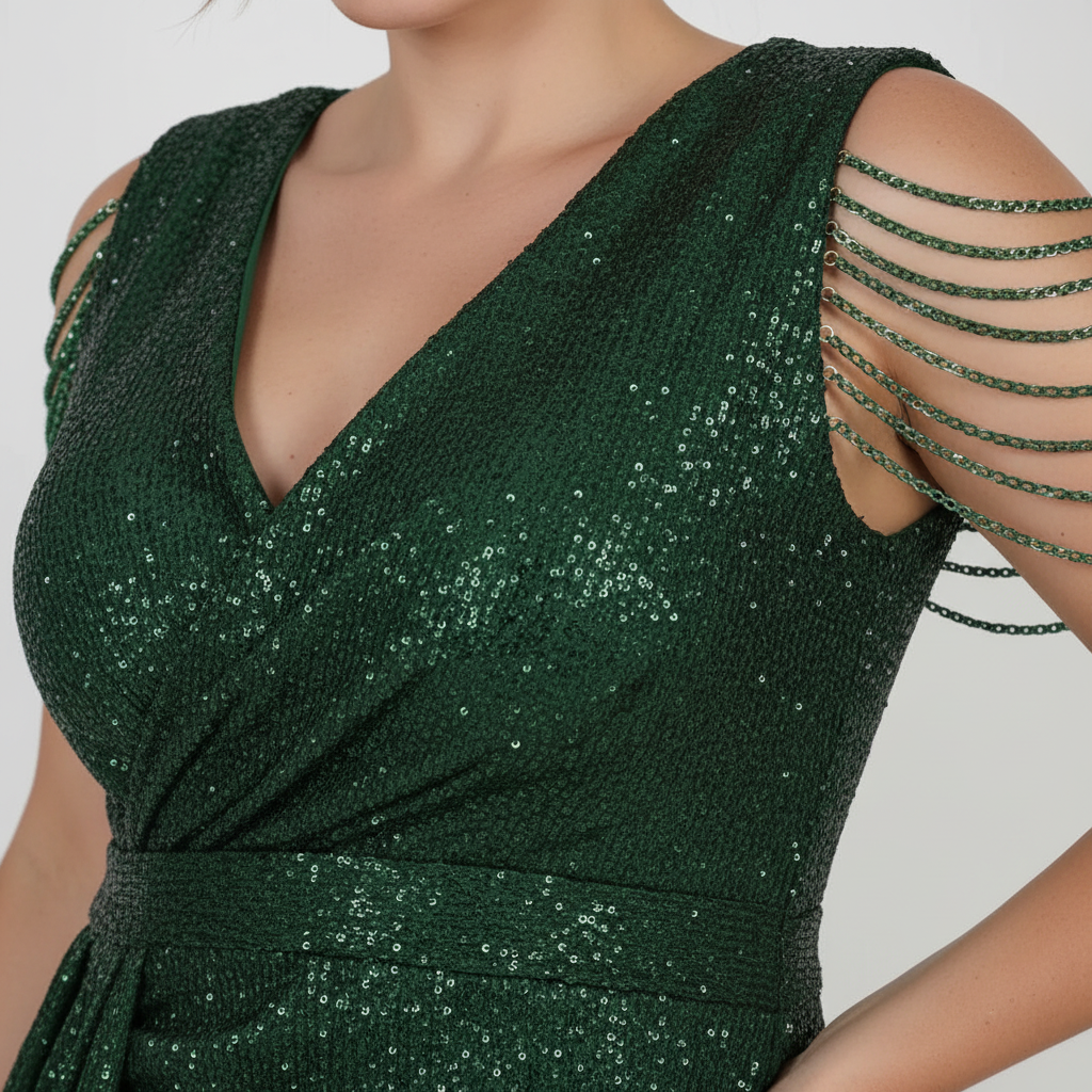 Plus - Size Long Sequin Dress With Shoulder Chain — Green