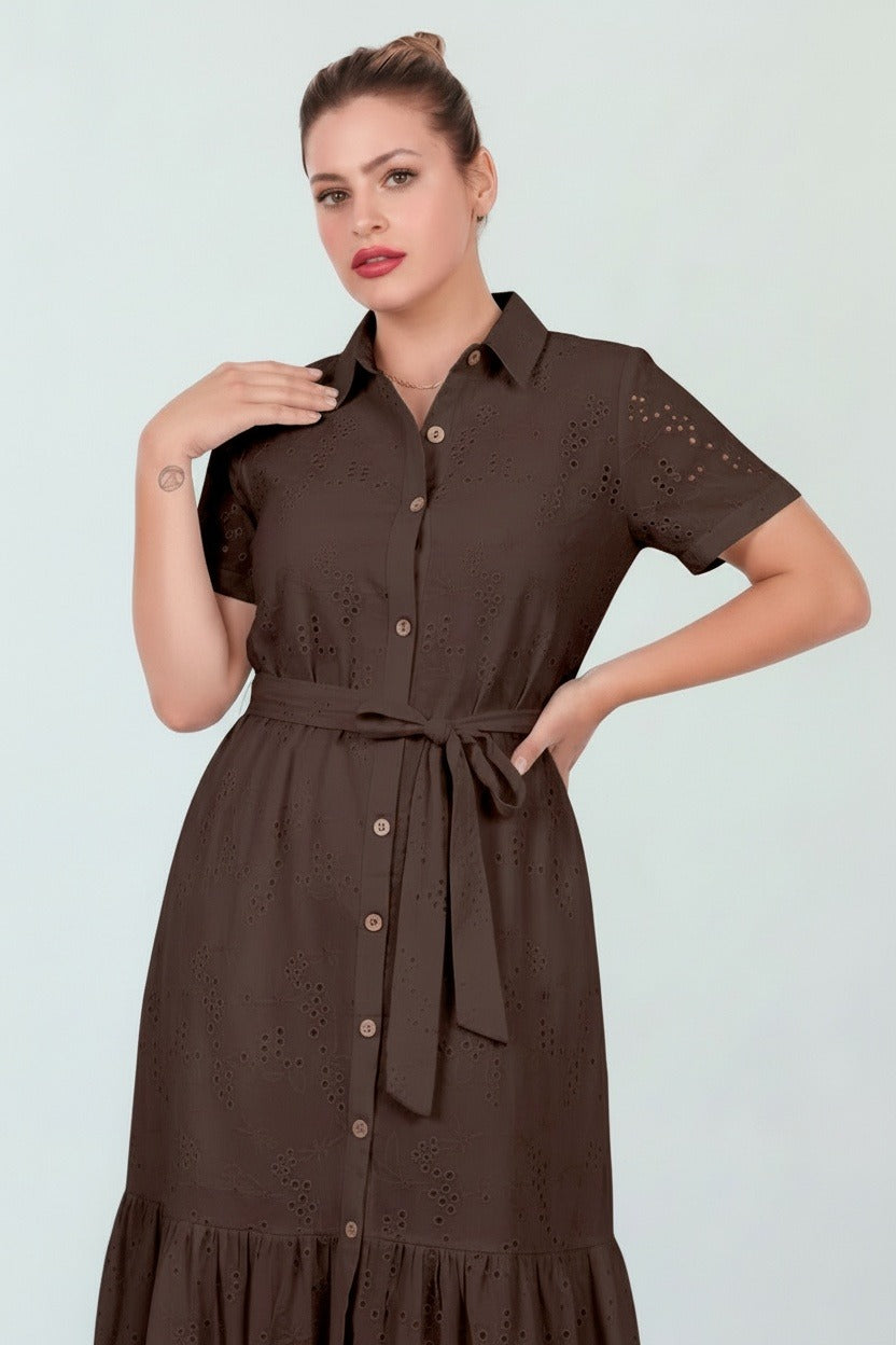 Plus - Size Brown Button - Through Shirt Dress, Short Sleeves