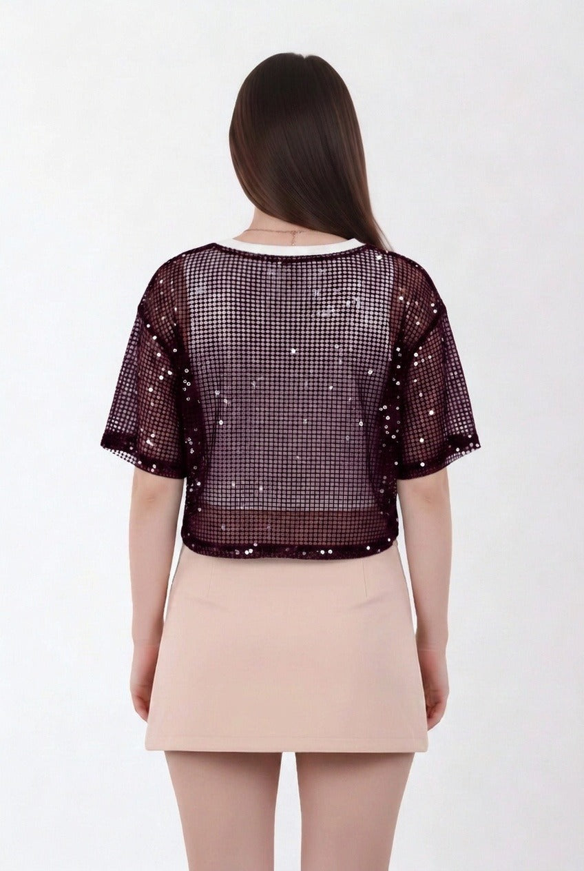 Plum Sequin Mesh Layered Crop Top