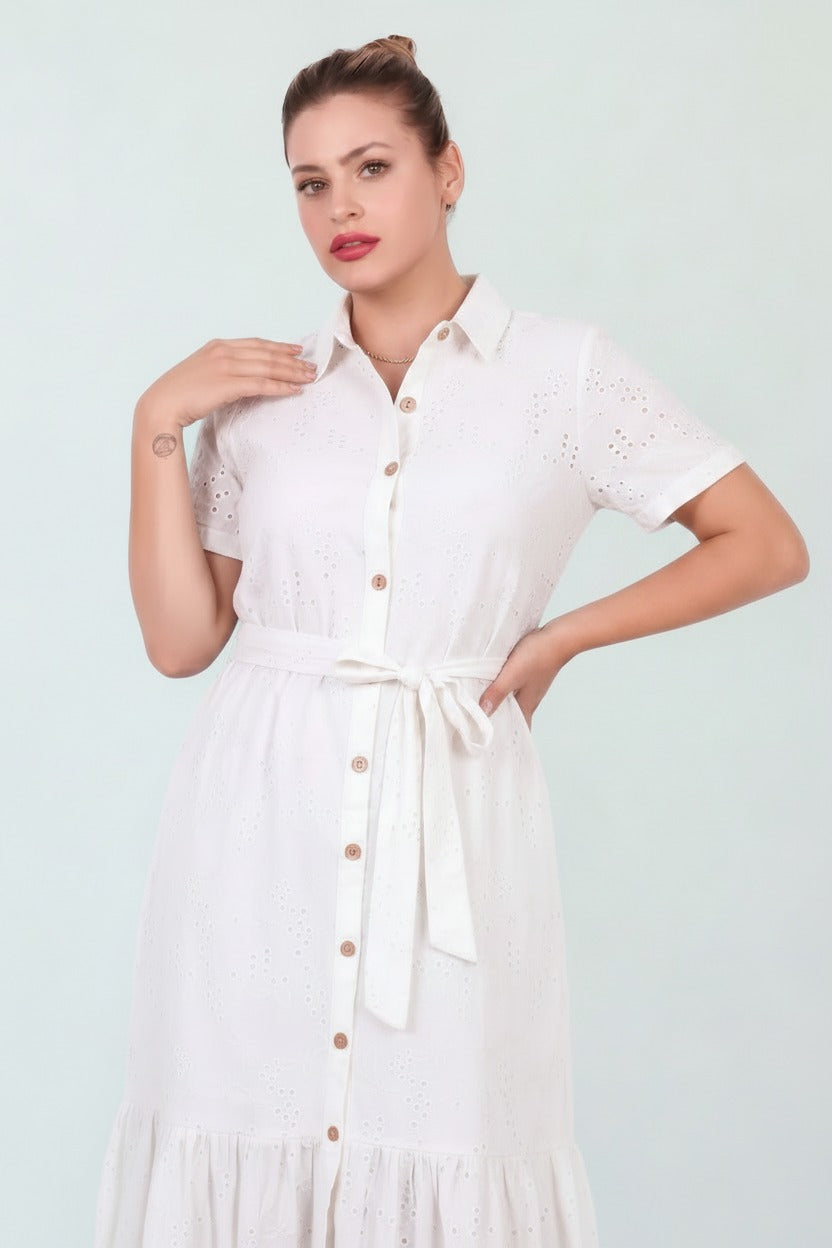 Plus - Size White Button - Through Shirt Dress, Short Sleeves