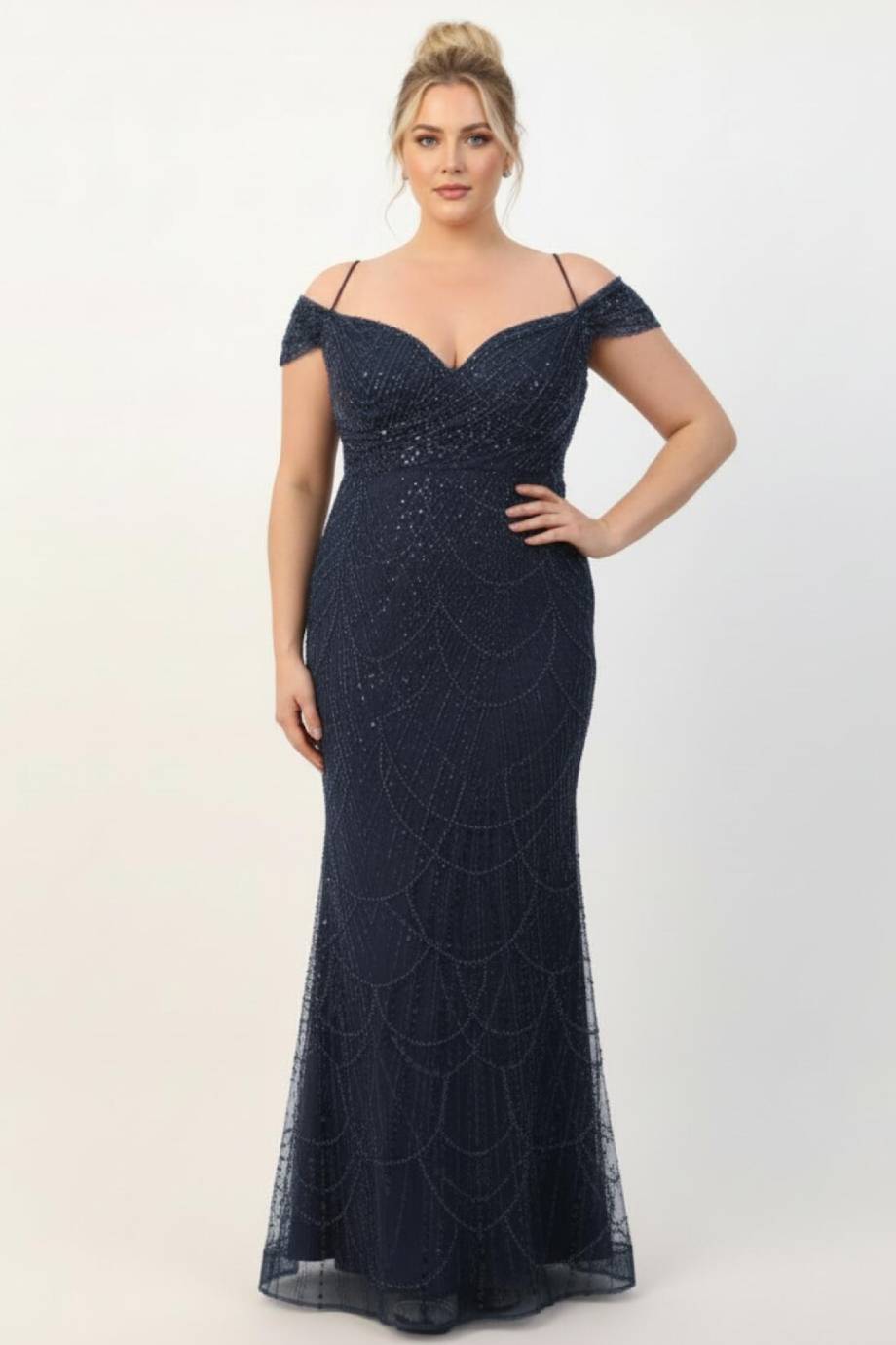 Plus - Size Burgundy Off - The - Shoulder Beaded Gown