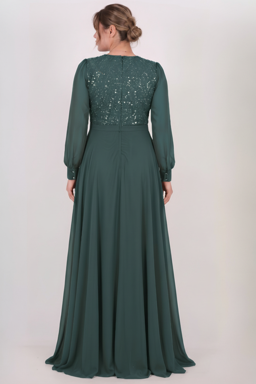 Plus - Size Evening Dress With Sequin Bodice And Chiffon Sleeves — Green