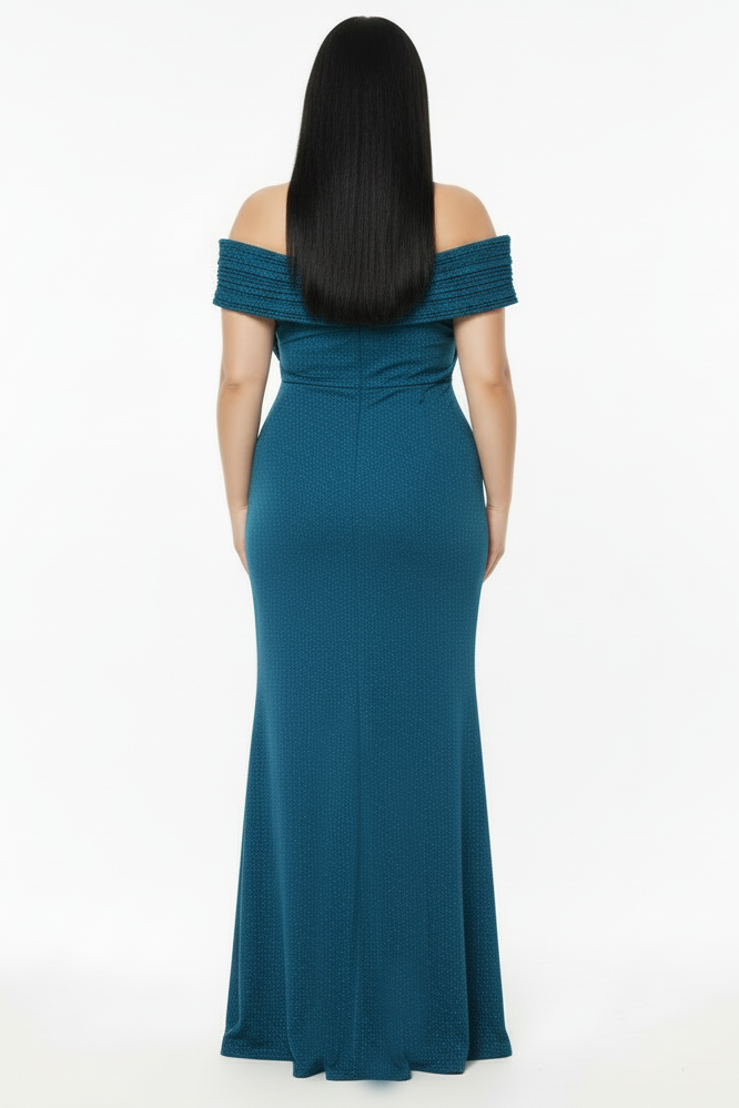 Plus‑Size Long Evening Gown With Pleated Neckline And Slit — Blue