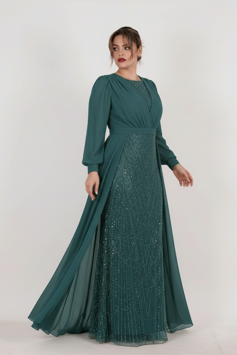 Plus - Size Evening Dress With Sequin Bodice And Chiffon Sleeves — Green