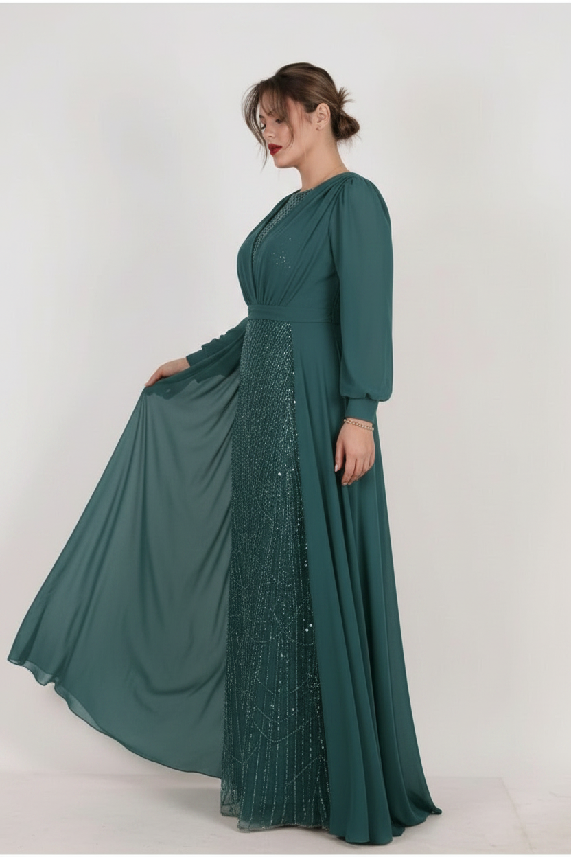 Plus - Size Evening Dress With Sequin Bodice And Chiffon Sleeves — Green