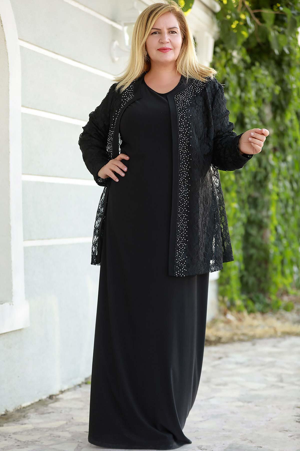 Black Lace Long Evening Set – Plus Size