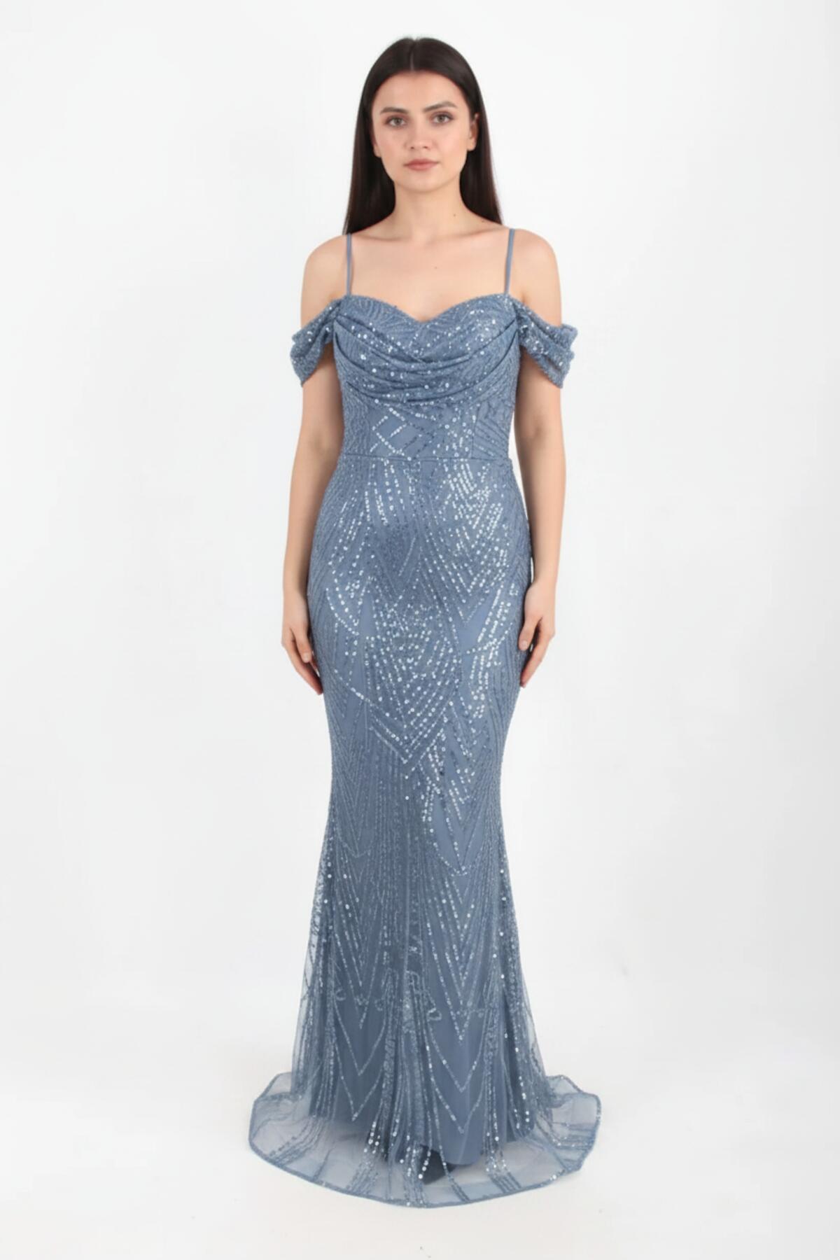 Off - Shoulder Sequin & Bead Evening Gown — Blue