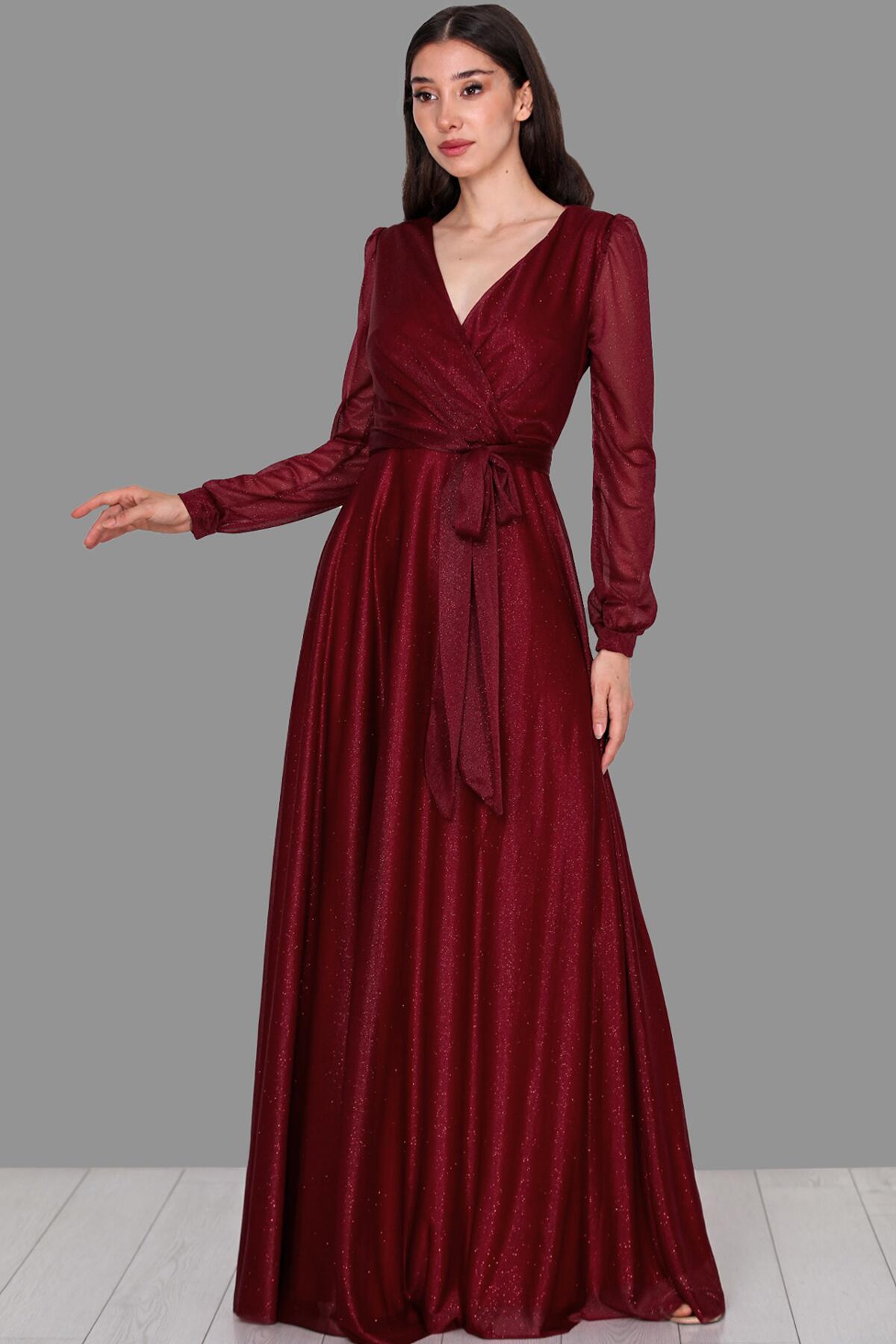Burgundy Wrap - Neck Shimmering Evening Dress