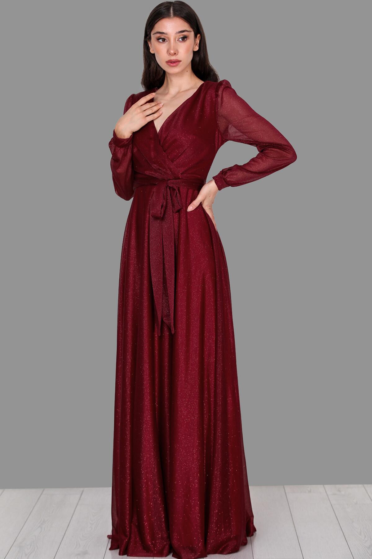 Burgundy Wrap - Neck Shimmering Evening Dress