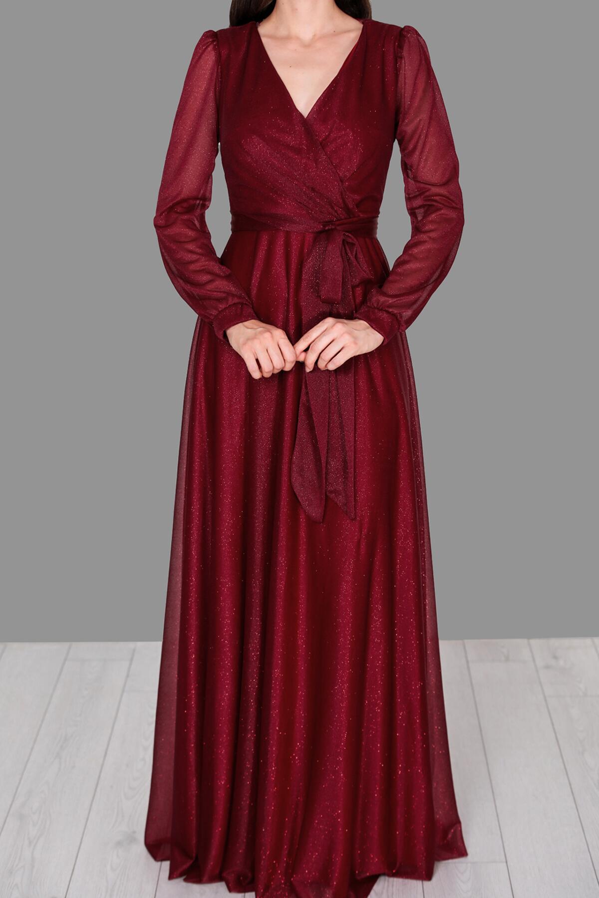 Burgundy Wrap - Neck Shimmering Evening Dress